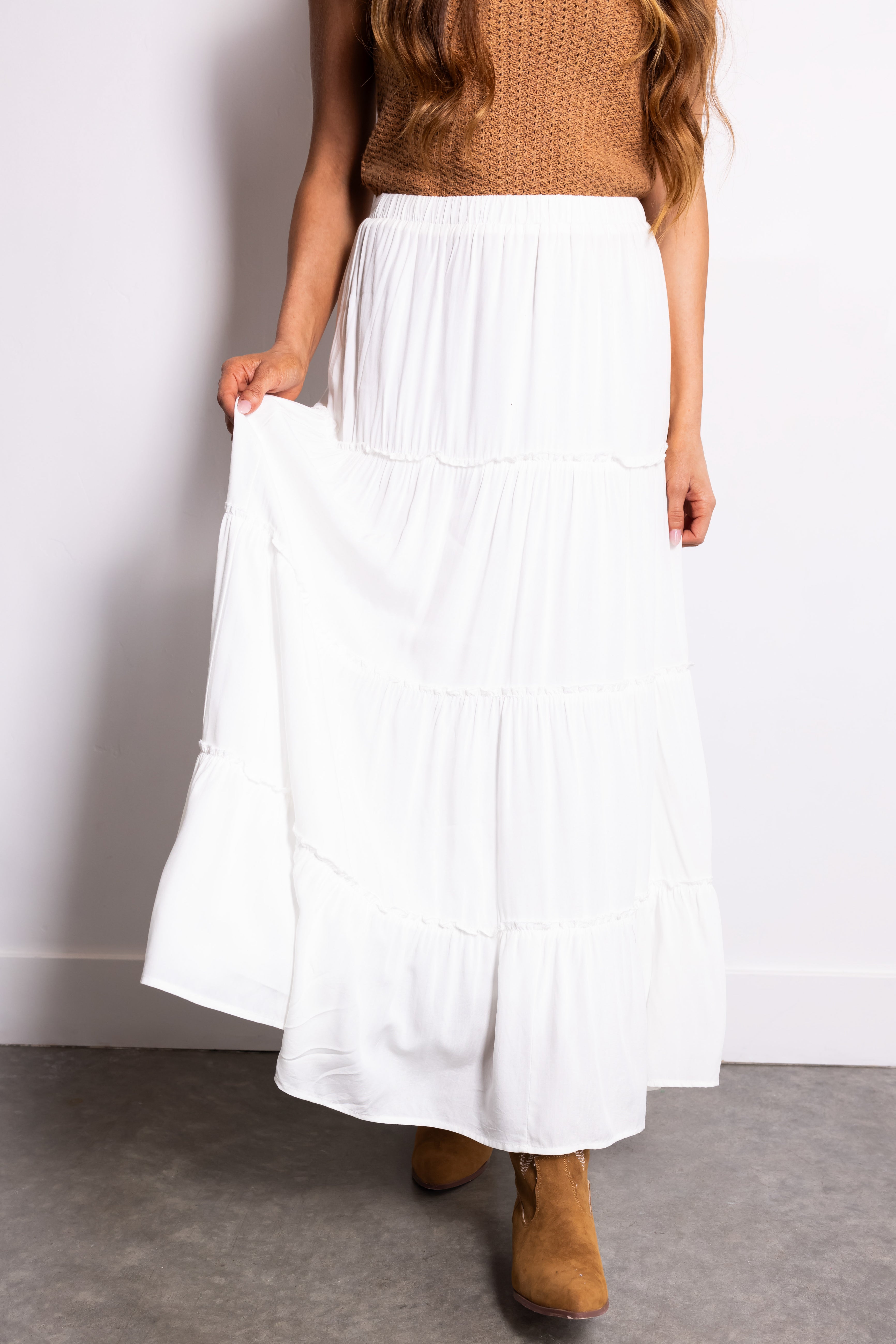 Off White Tiered Elastic Waist Woven Maxi Skirt-Newayad