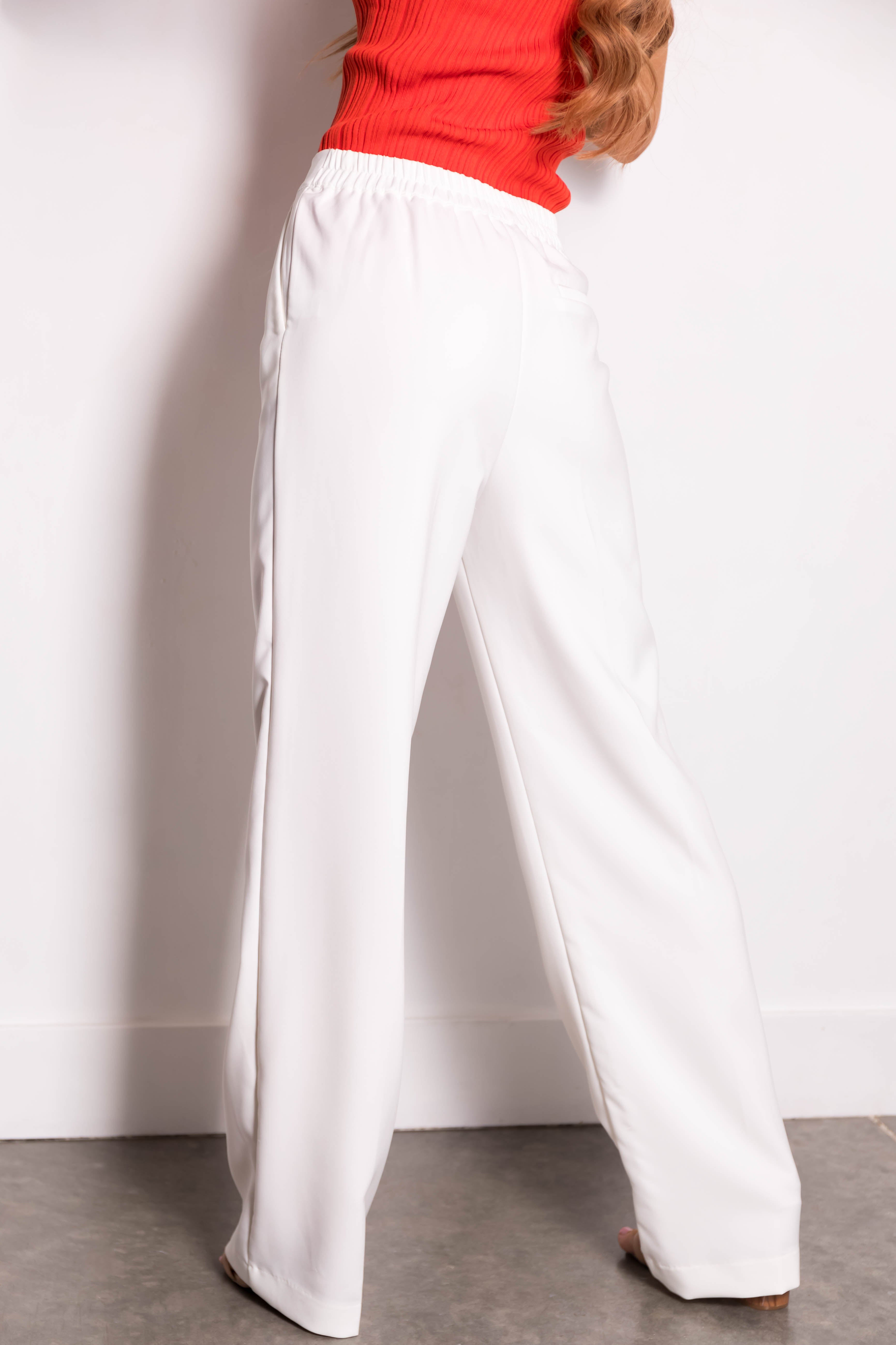 Off White Wide Leg Elastic Waist Woven Pants-Newayad