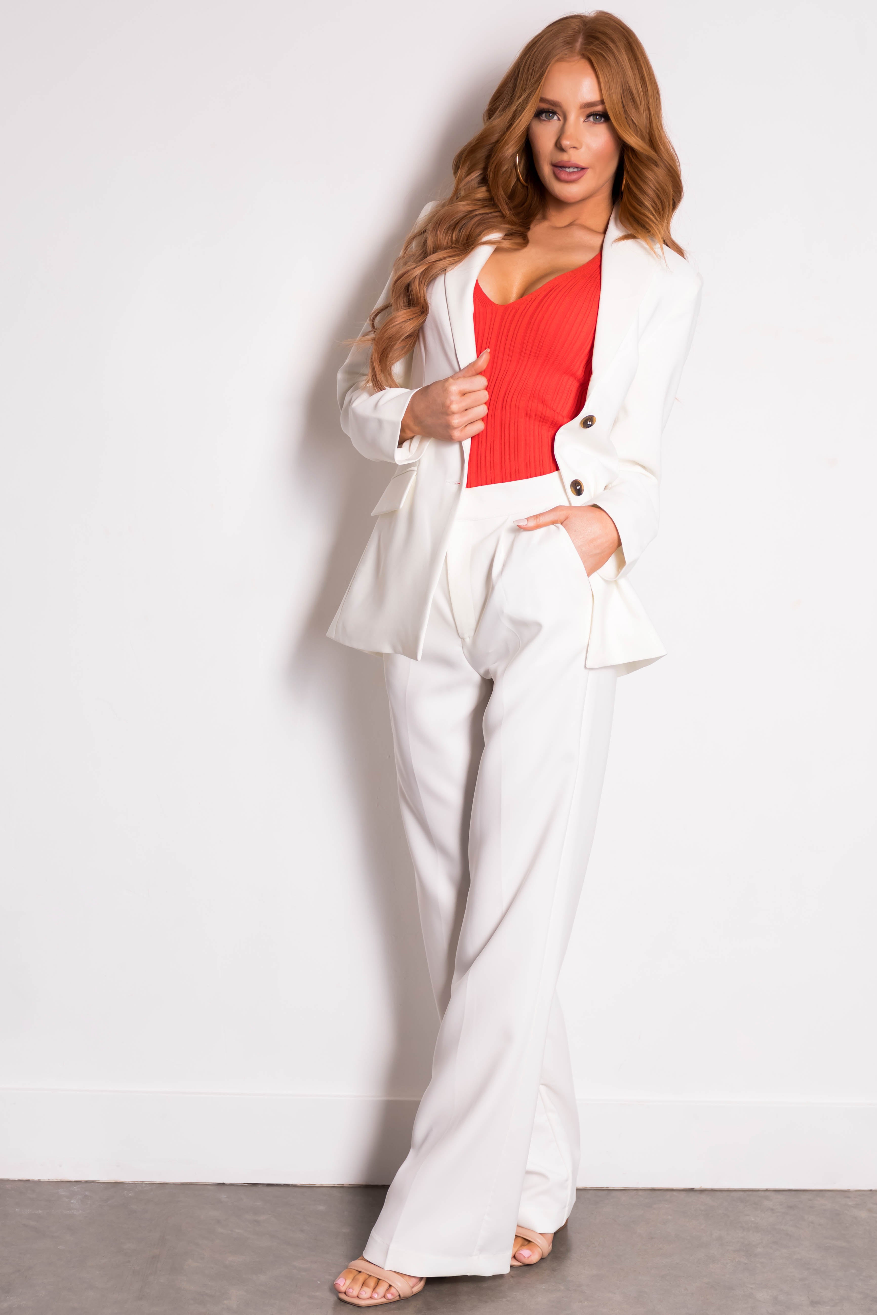 Off White Wide Leg Elastic Waist Woven Pants-Newayad