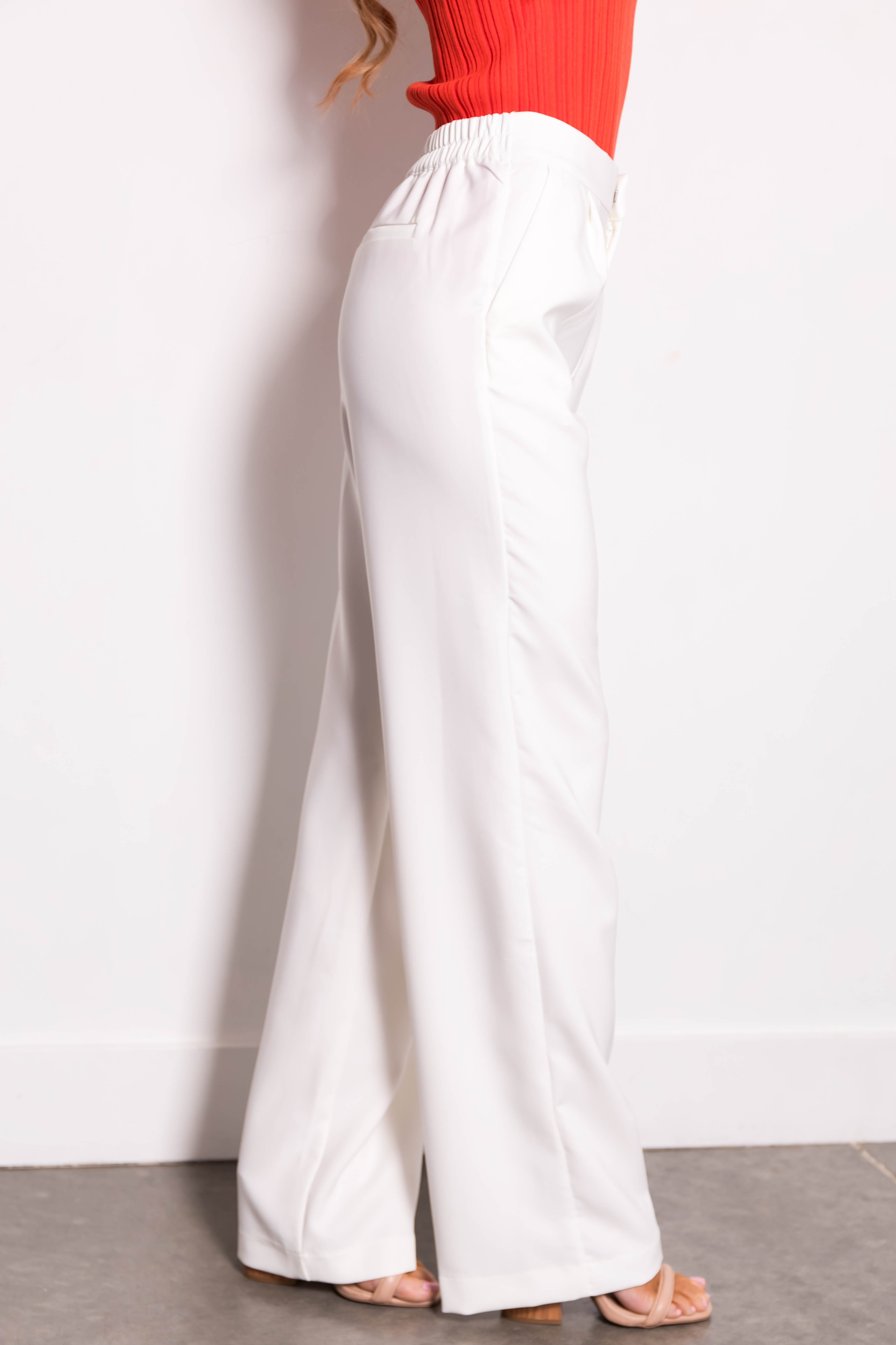 Off White Wide Leg Elastic Waist Woven Pants-Newayad