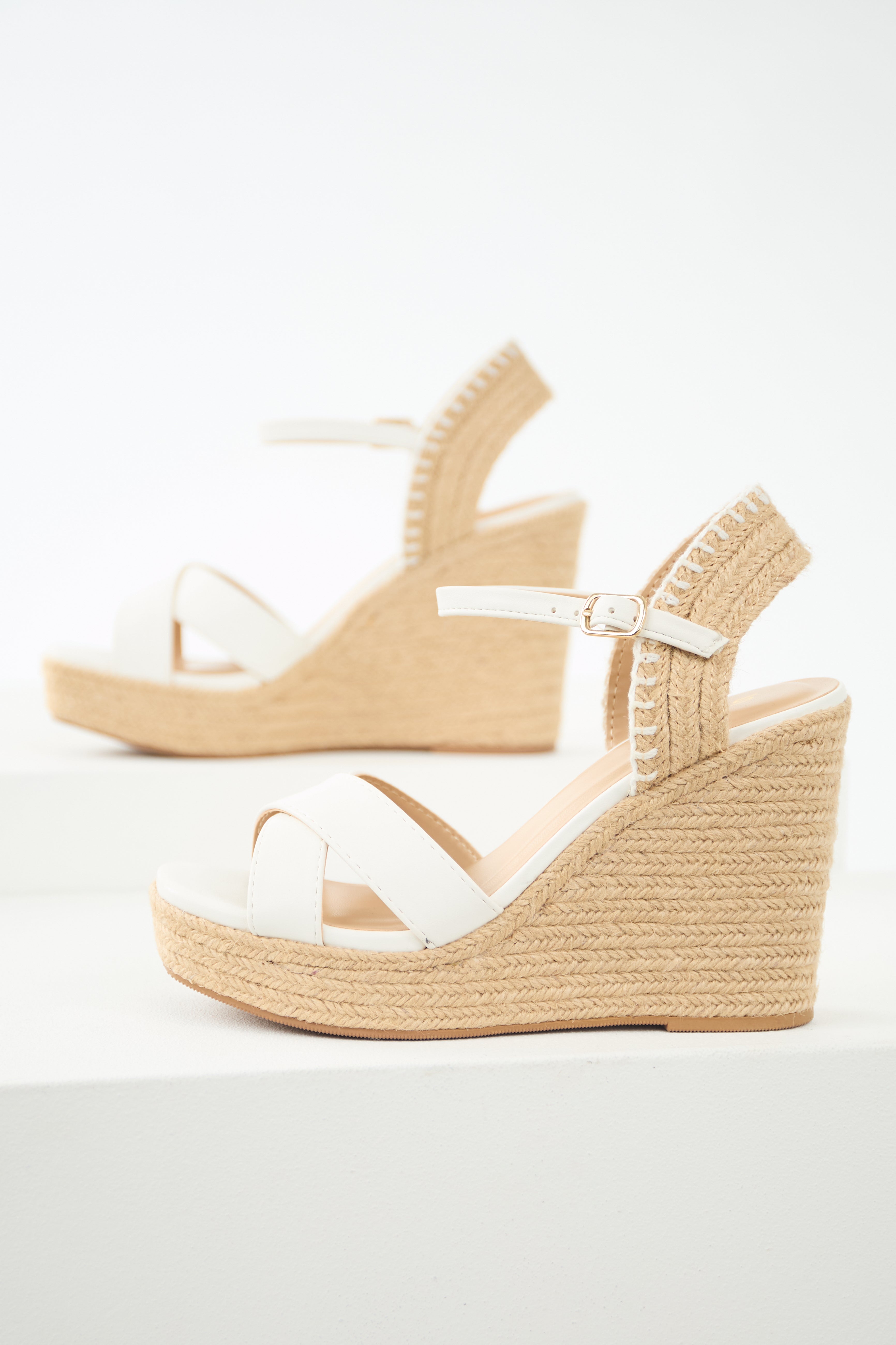 Off White Cross Strap Platform Espadrille Wedges-Newayad