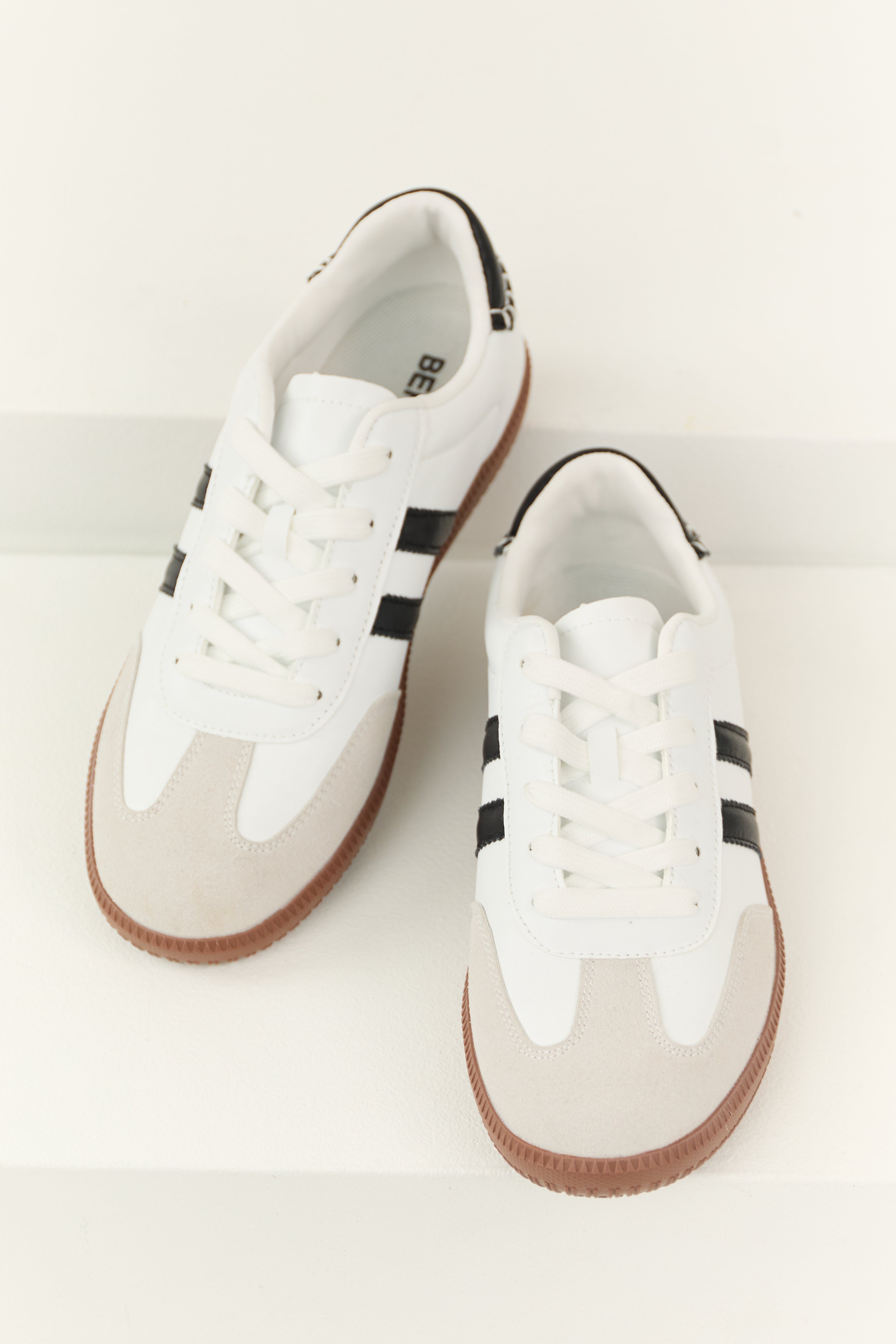 Off White Faux Leather Stripe Lace Up Sneakers-Newayad