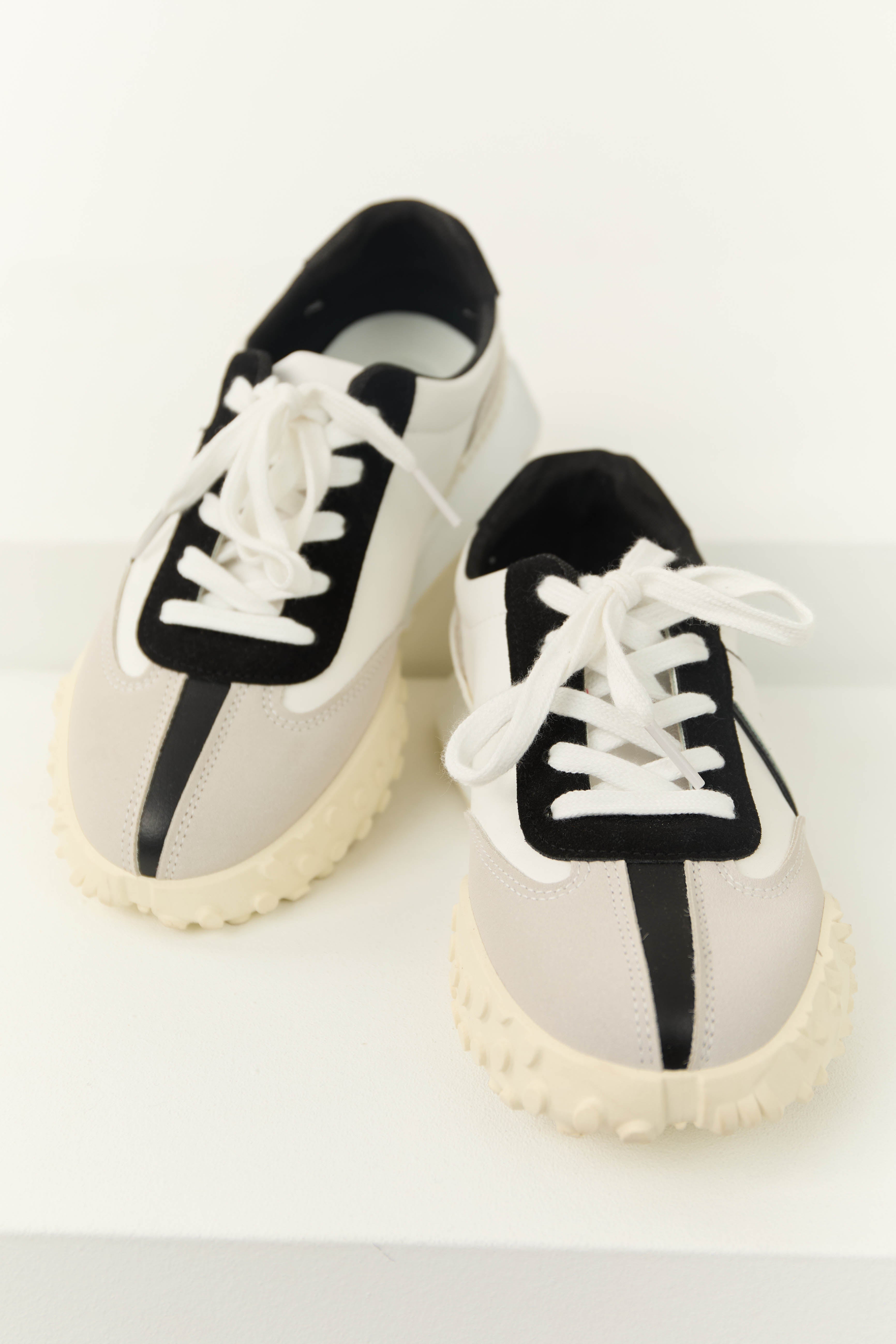 Off White and Black Lace Up Fashion Sneakers-Newayad