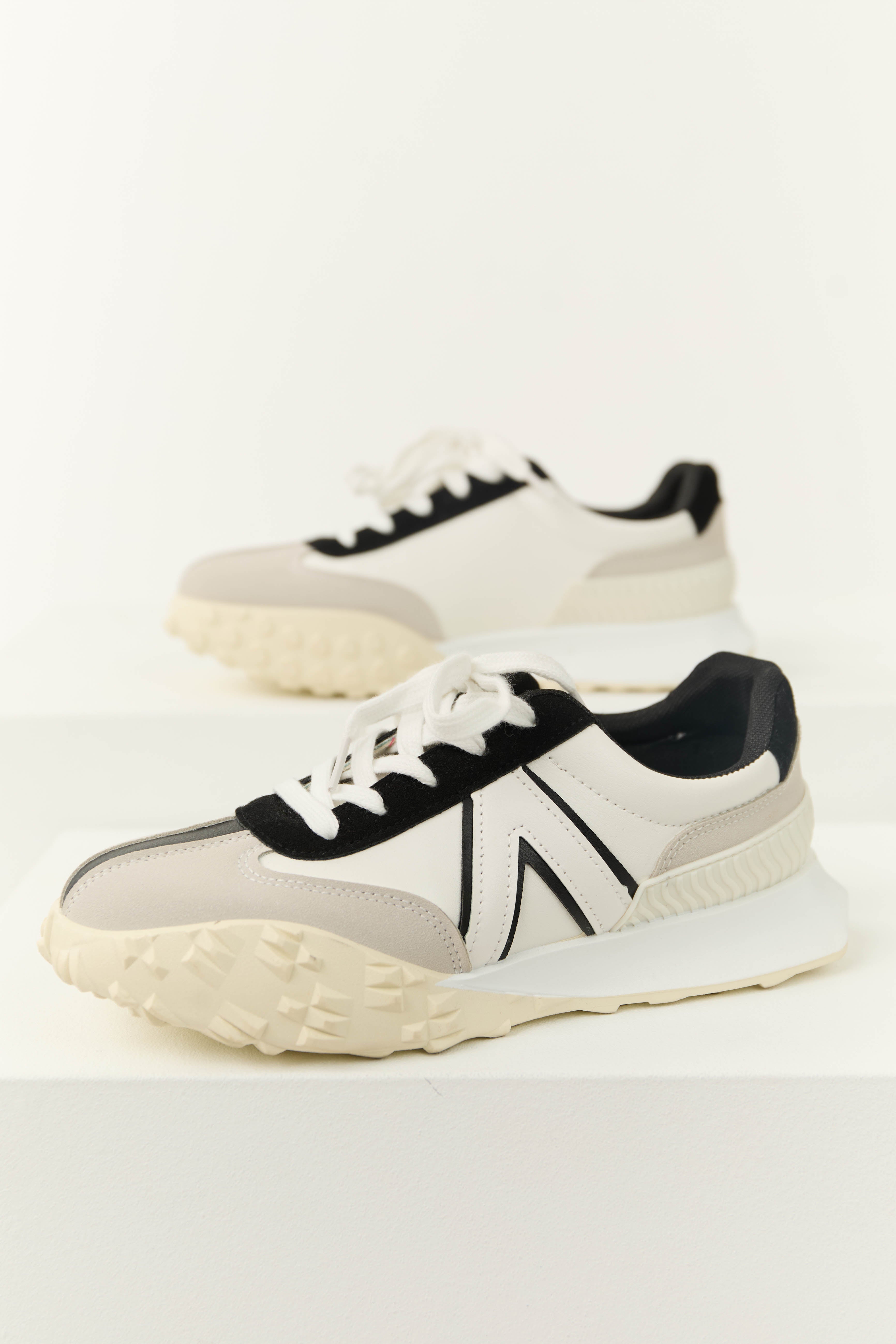 Off White and Black Lace Up Fashion Sneakers-Newayad
