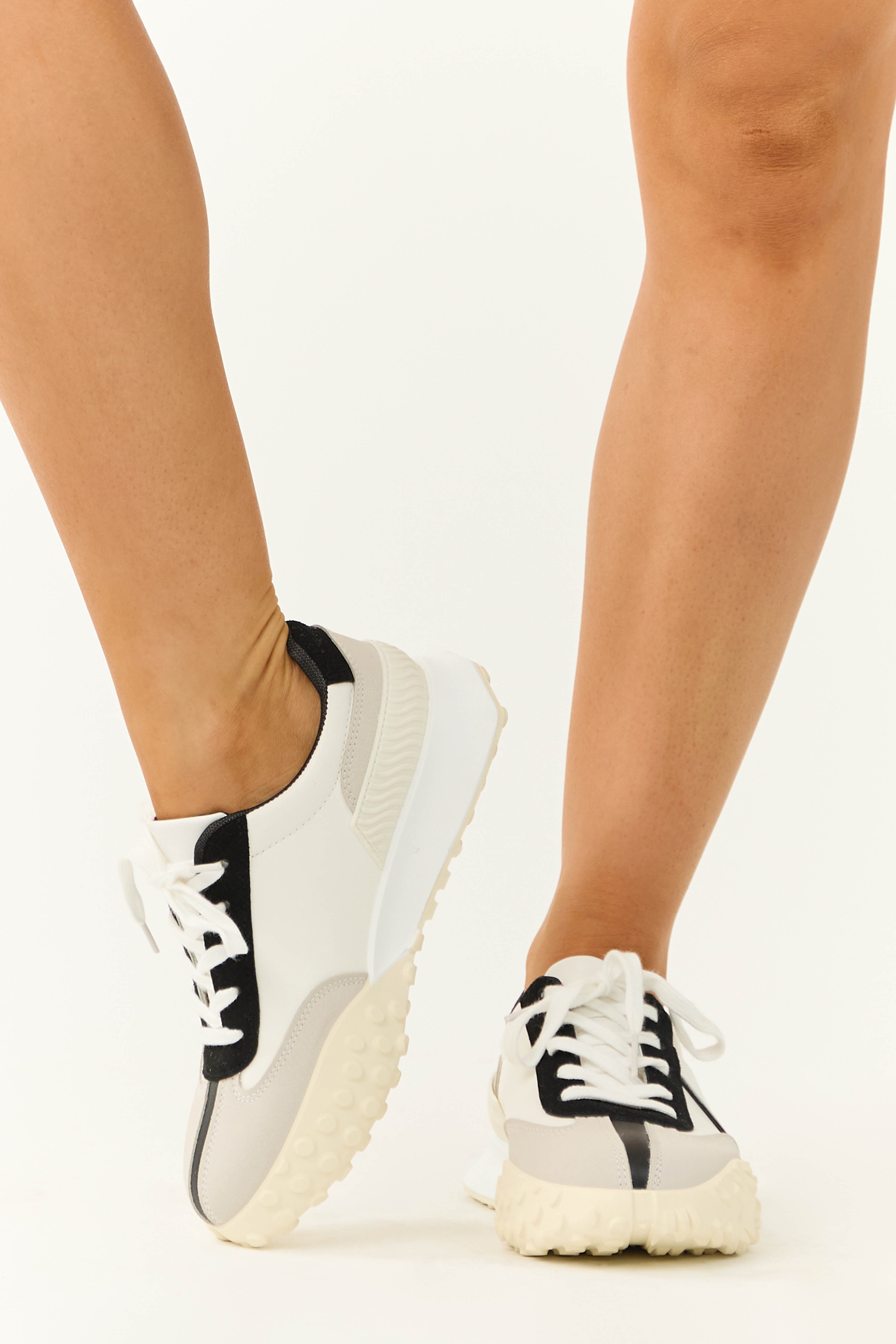 Off White and Black Lace Up Fashion Sneakers-Newayad