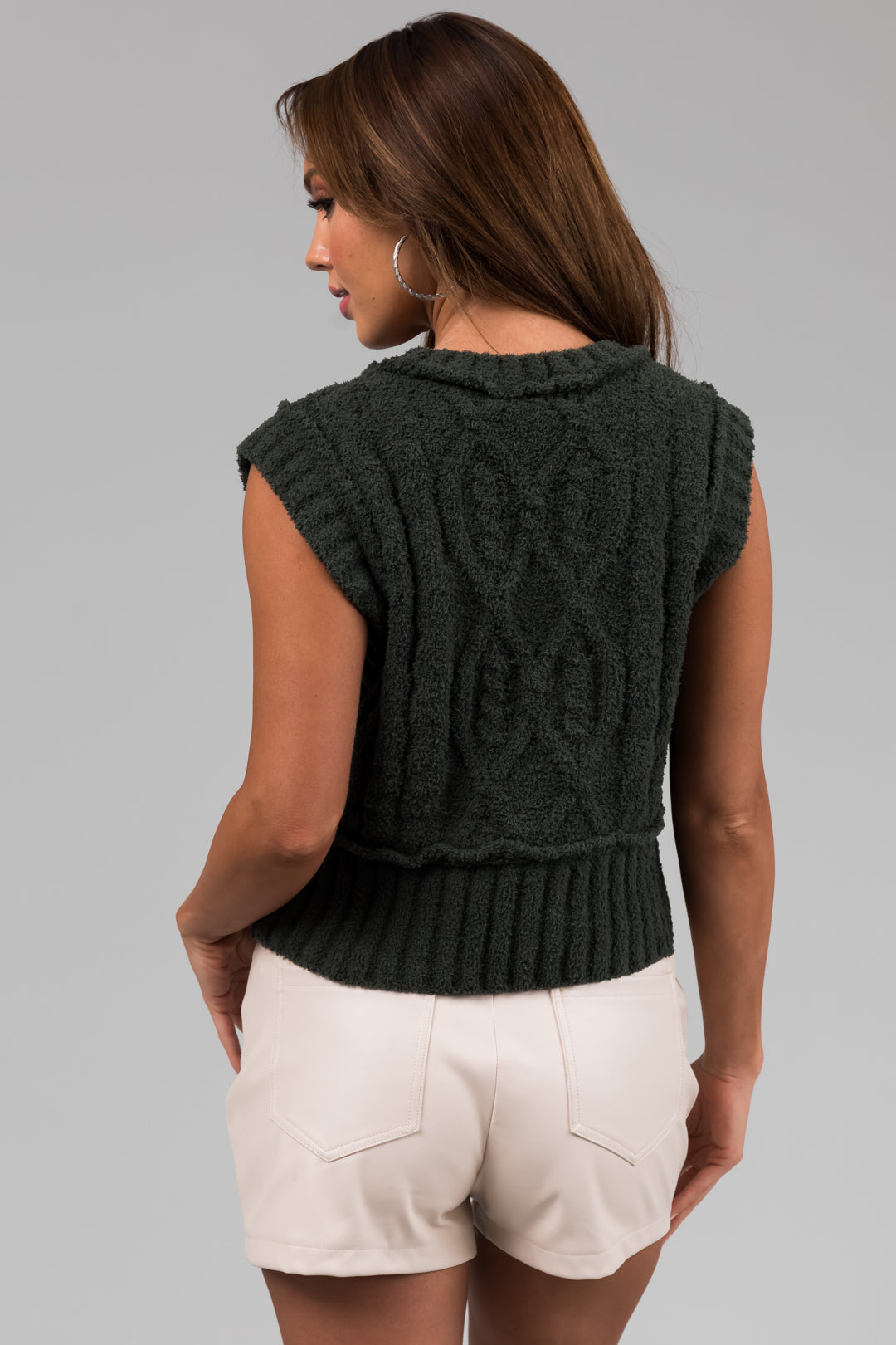 Olive Cable Knit Cropped Fuzzy Sweater Vest-Newayad