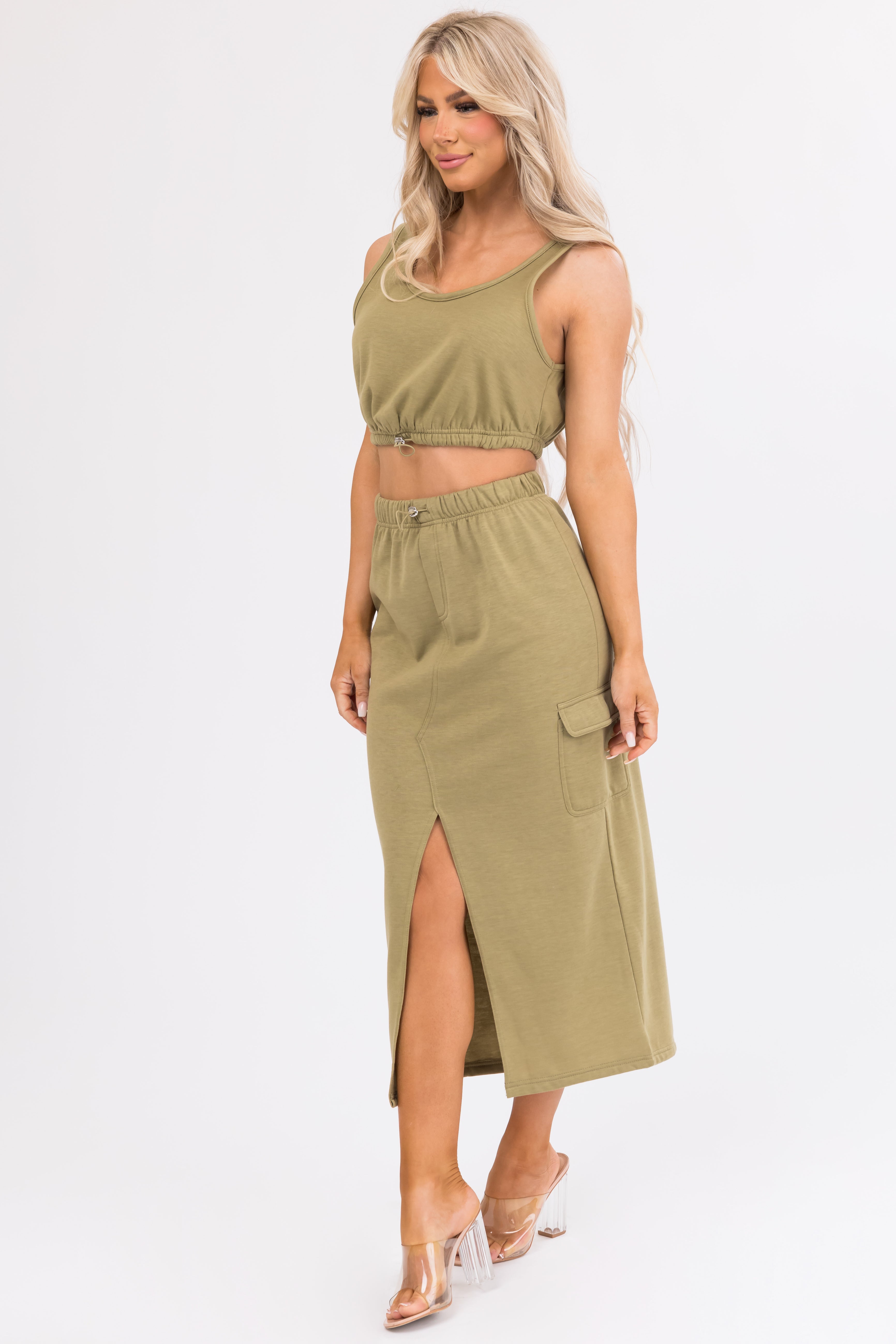 Olive Crop Top and Cargo Skirt Set-Newayad