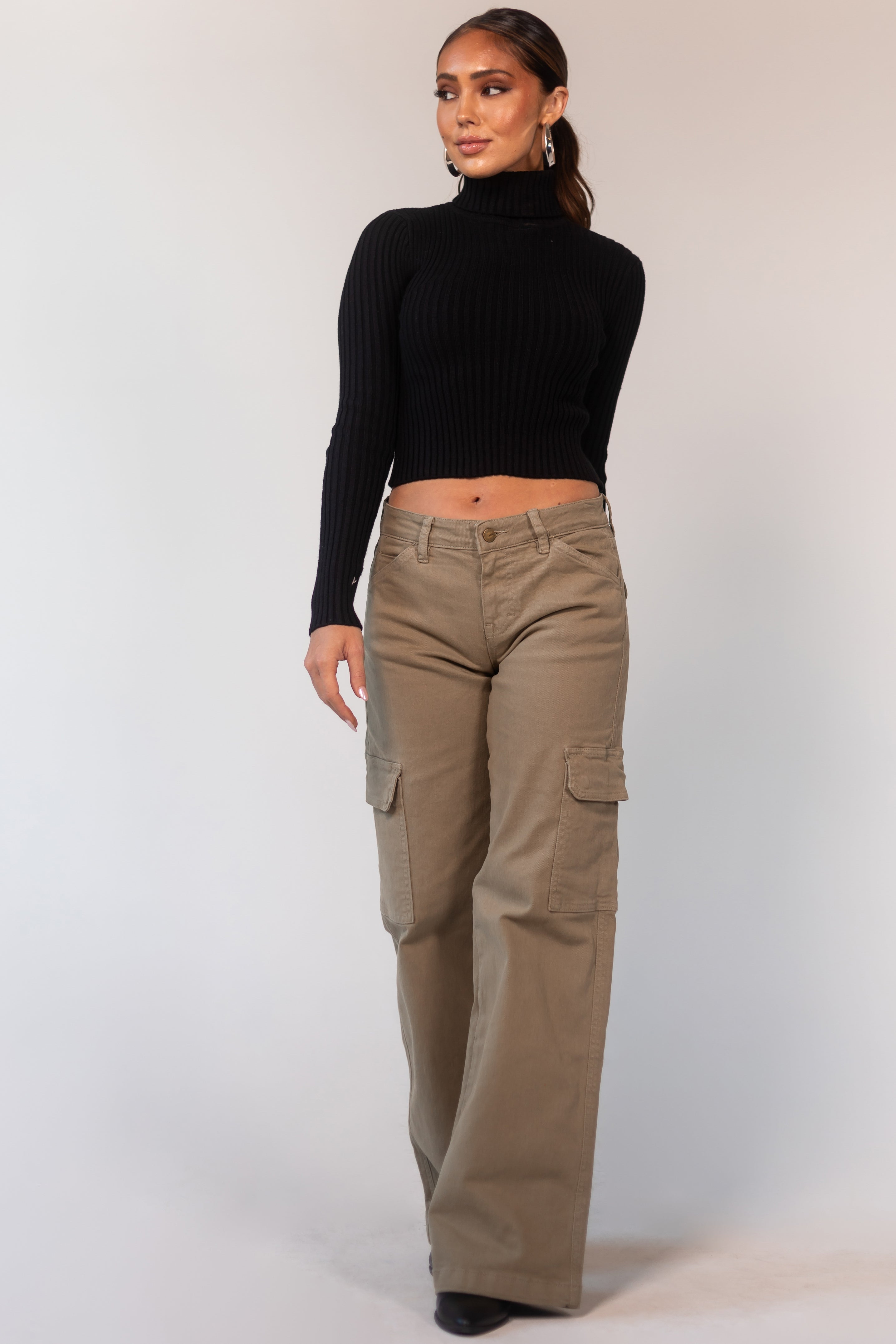 Mica Denim Olive Mid Rise Wide Leg Cargo Jeans-Newayad