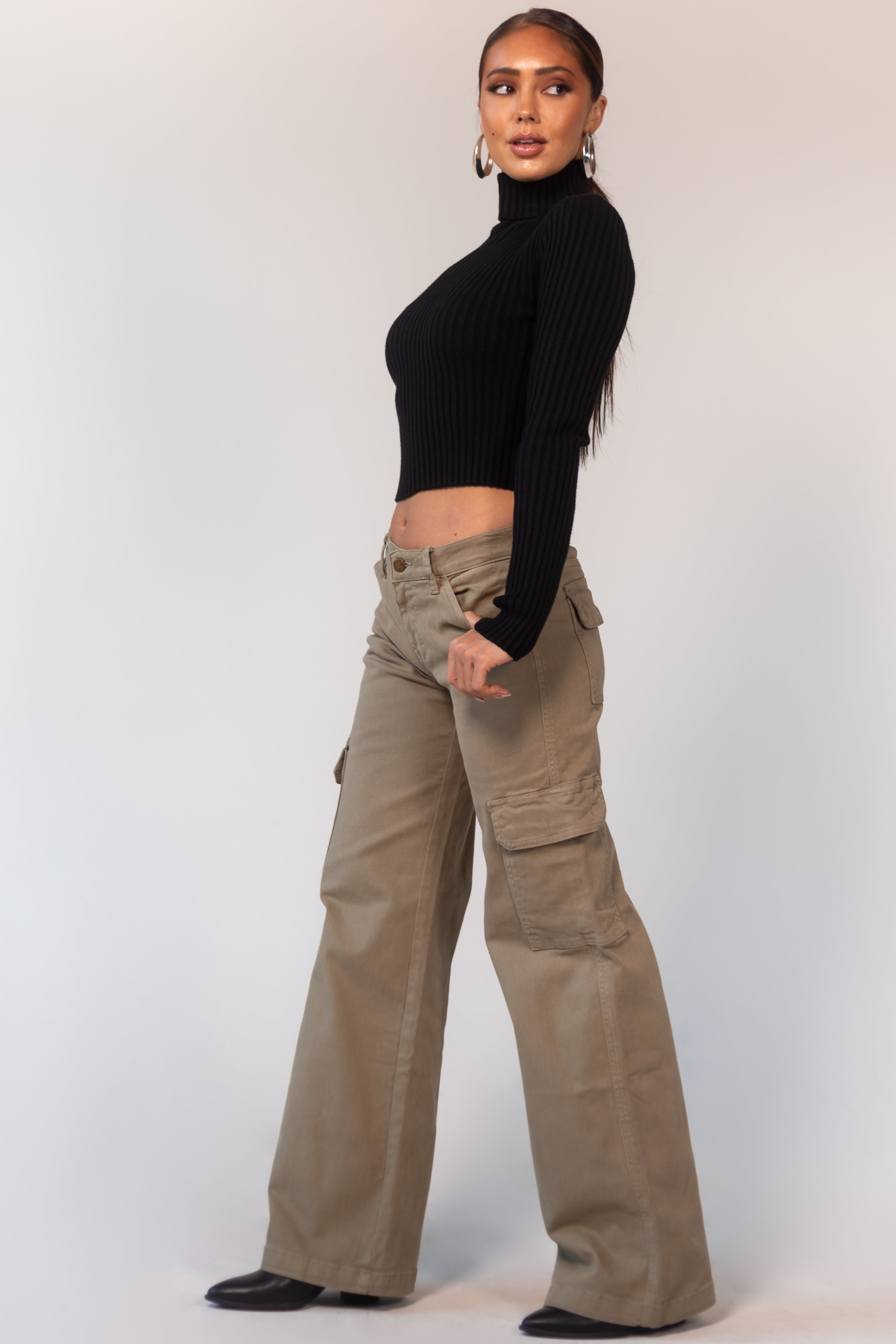 Mica Denim Olive Mid Rise Wide Leg Cargo Jeans-Newayad