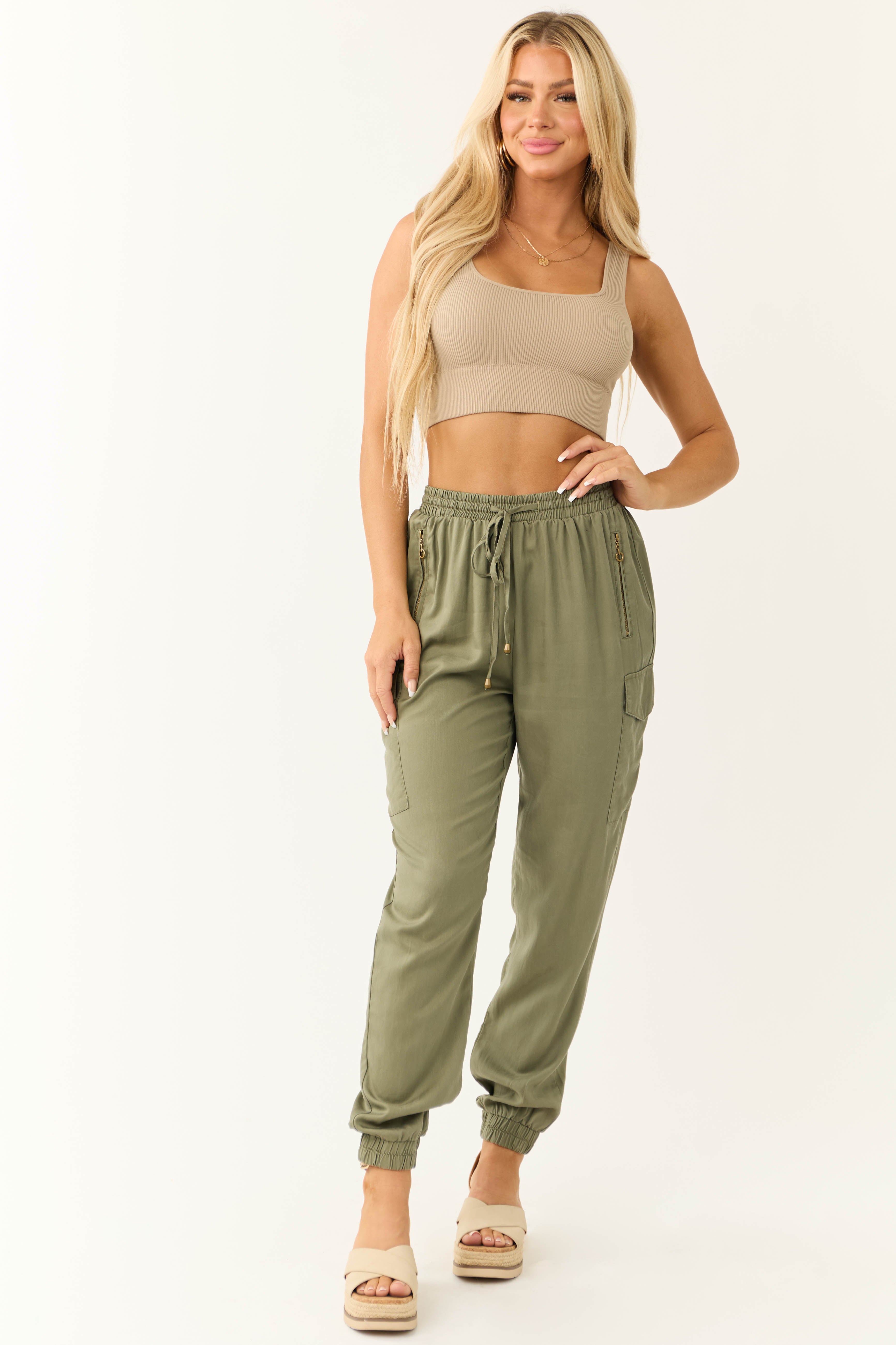 Olive Smocked Drawstring Waistband Joggers-Newayad