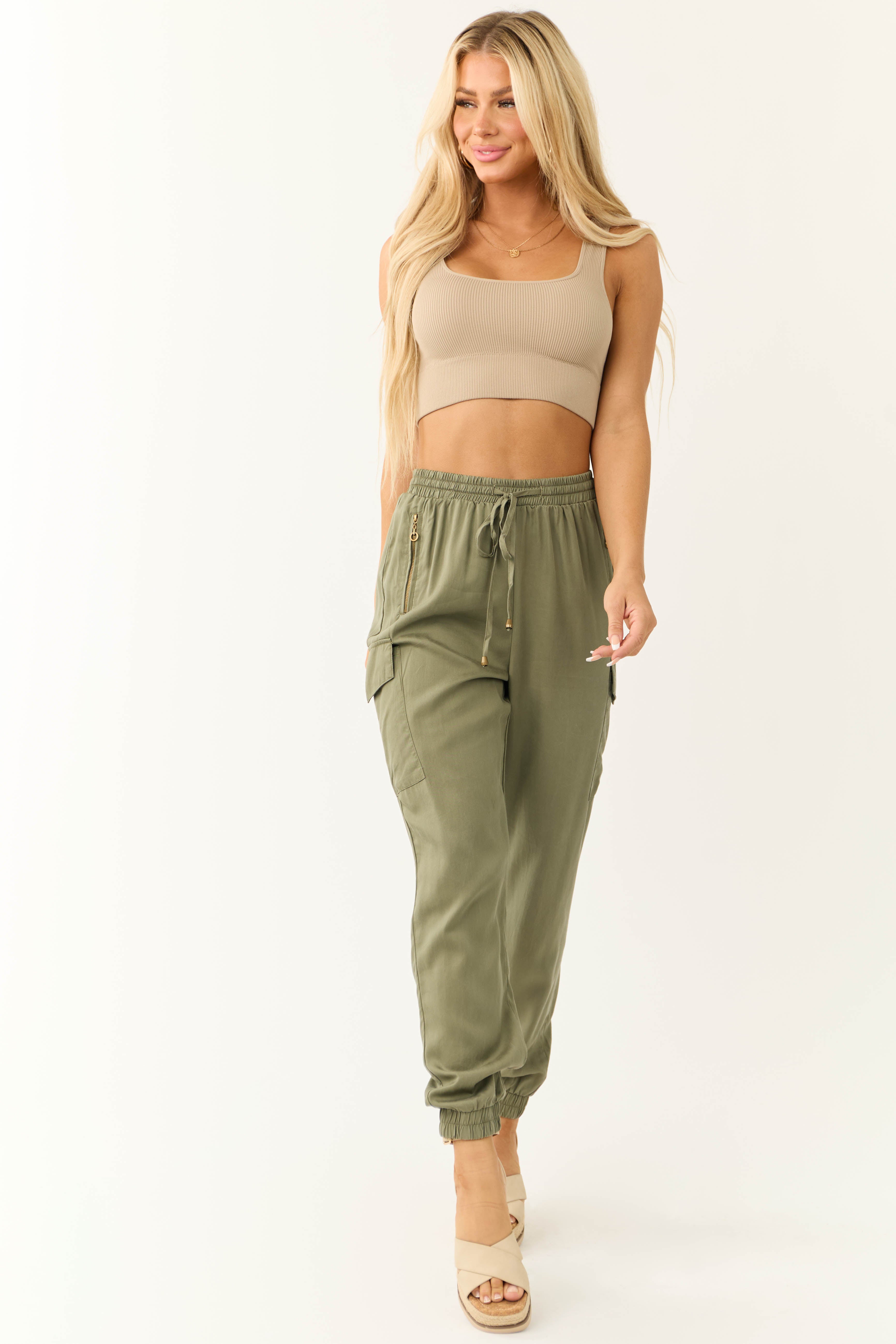 Olive Smocked Drawstring Waistband Joggers-Newayad