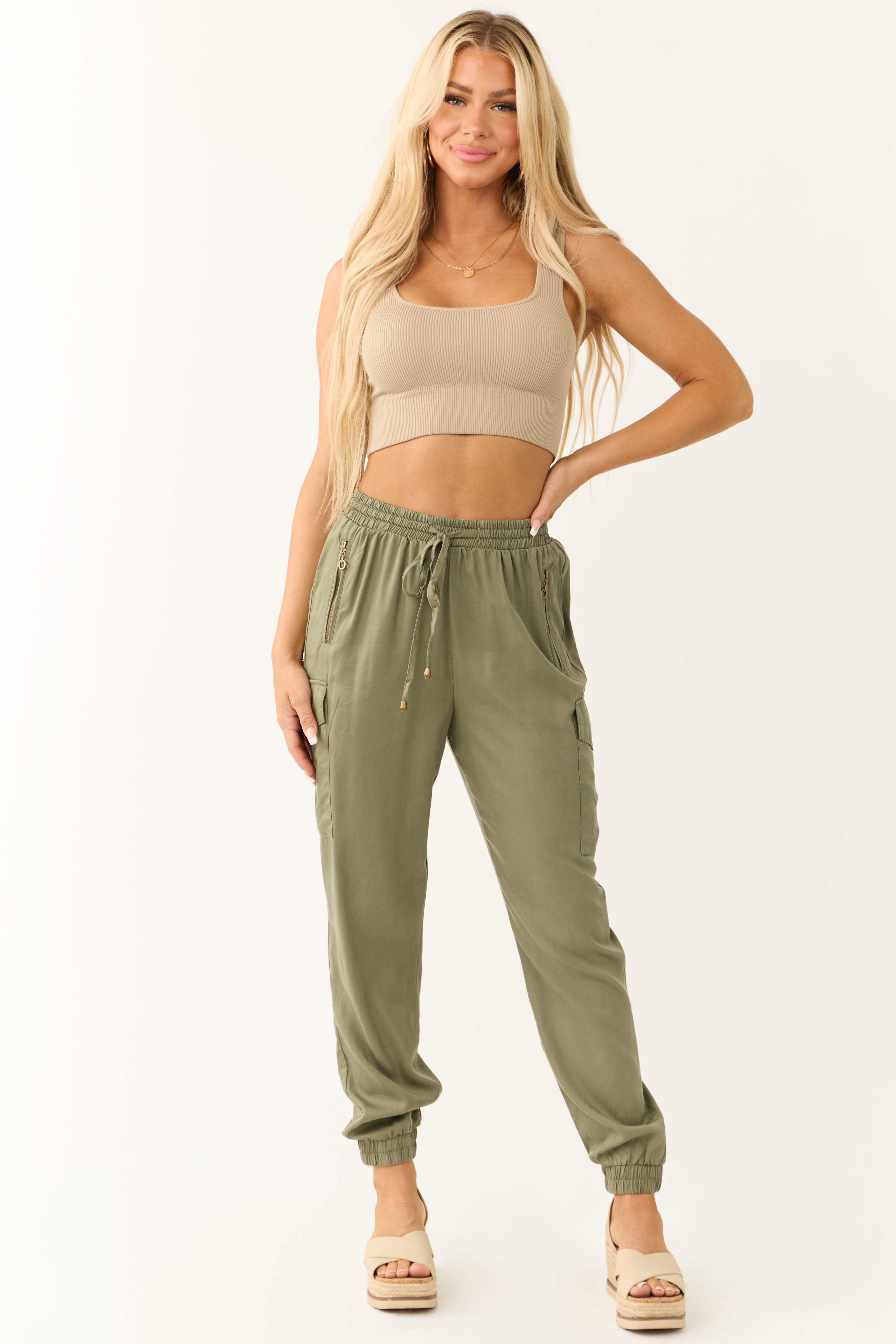 Olive Smocked Drawstring Waistband Joggers-Newayad