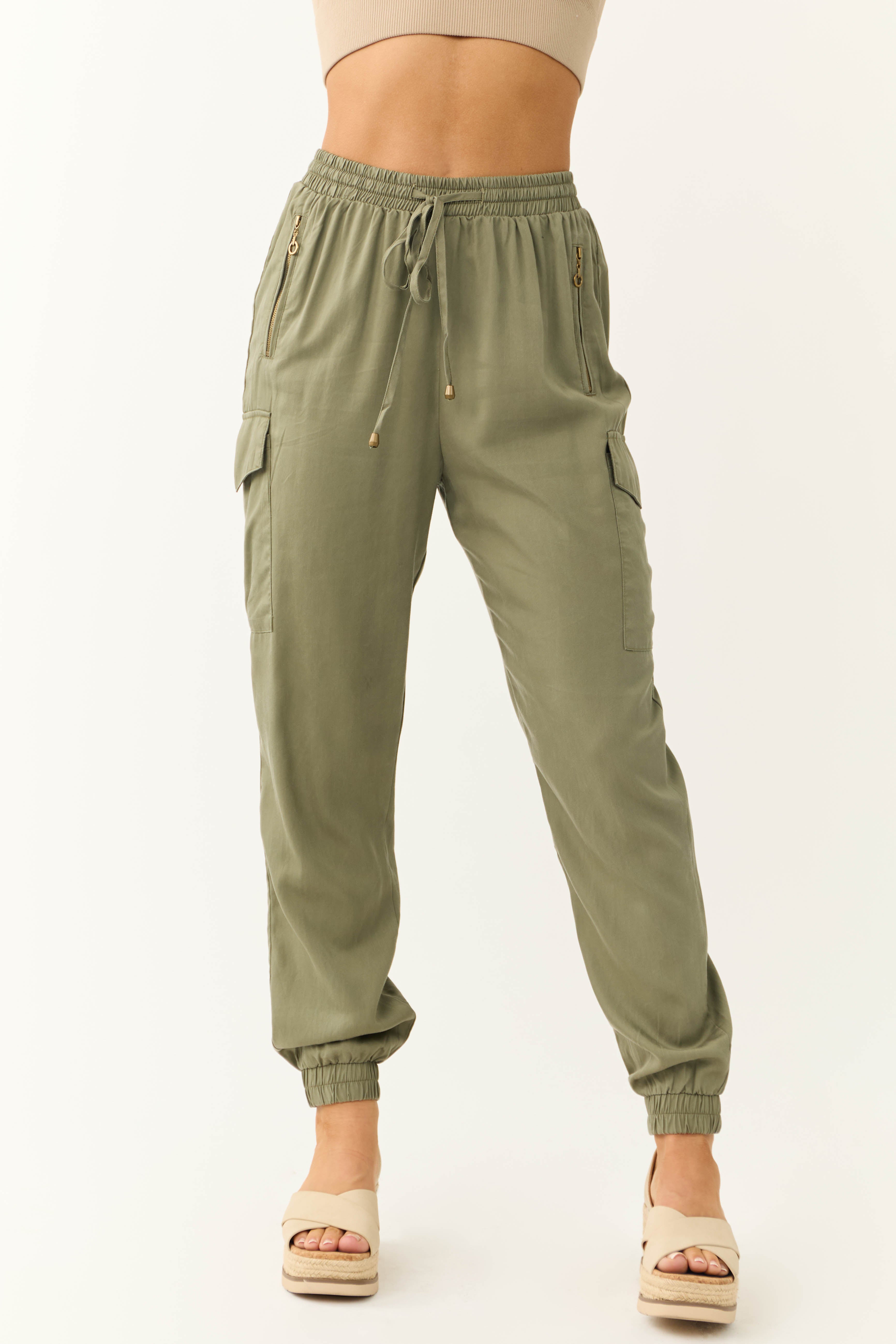 Olive Smocked Drawstring Waistband Joggers-Newayad