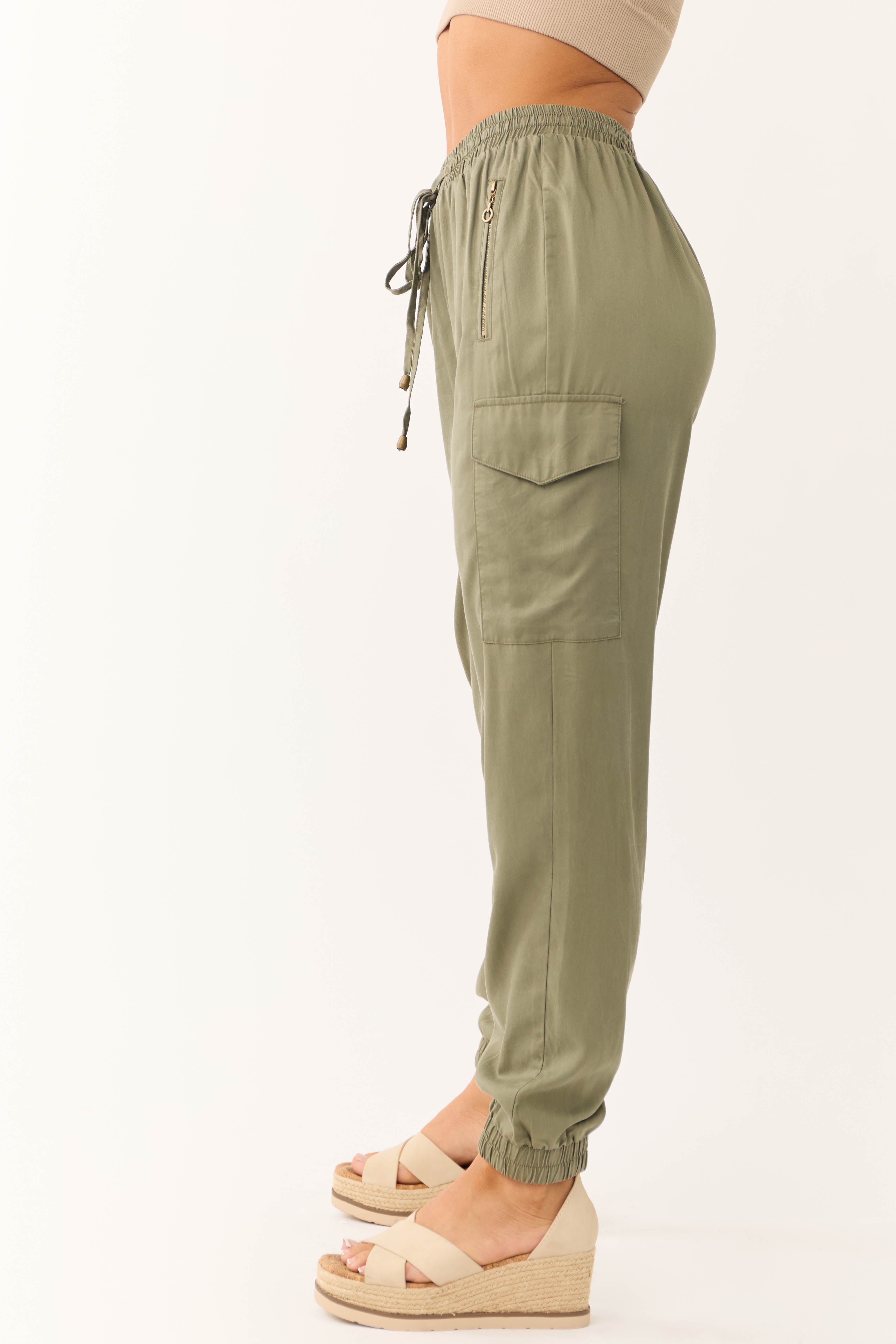 Olive Smocked Drawstring Waistband Joggers-Newayad