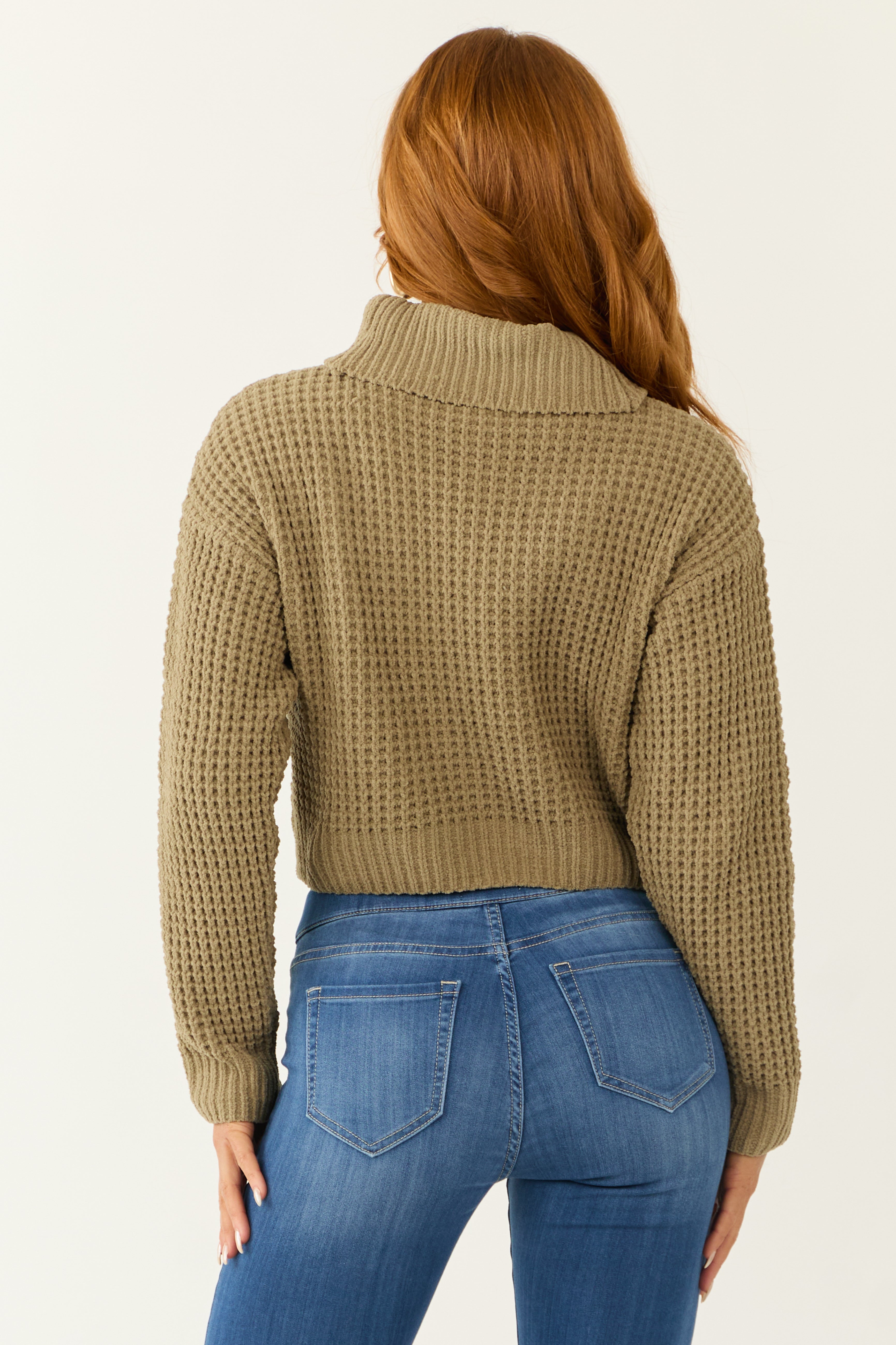 Olive Turtleneck Chenille Cropped Sweater-Newayad