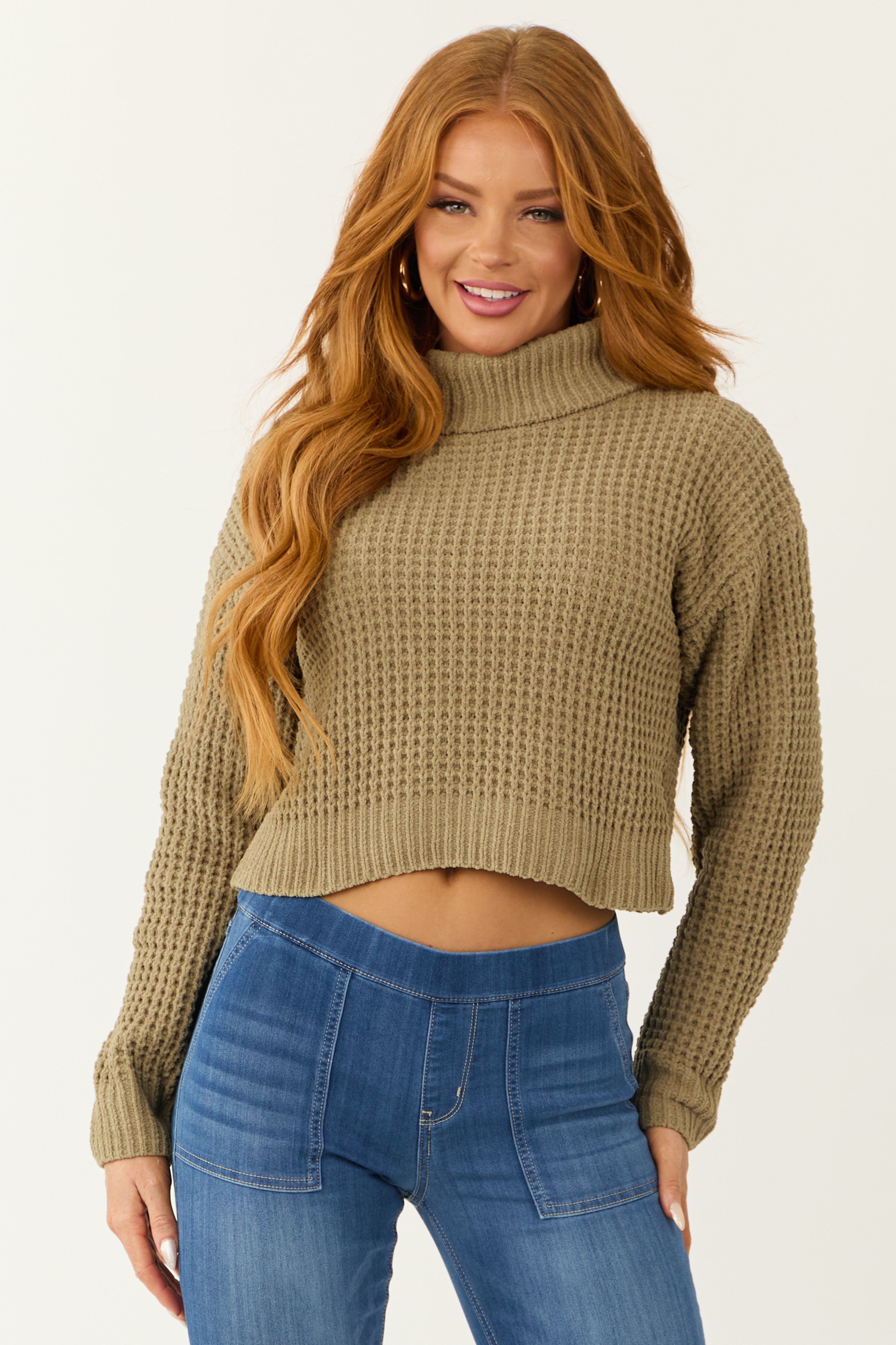 Olive Turtleneck Chenille Cropped Sweater-Newayad
