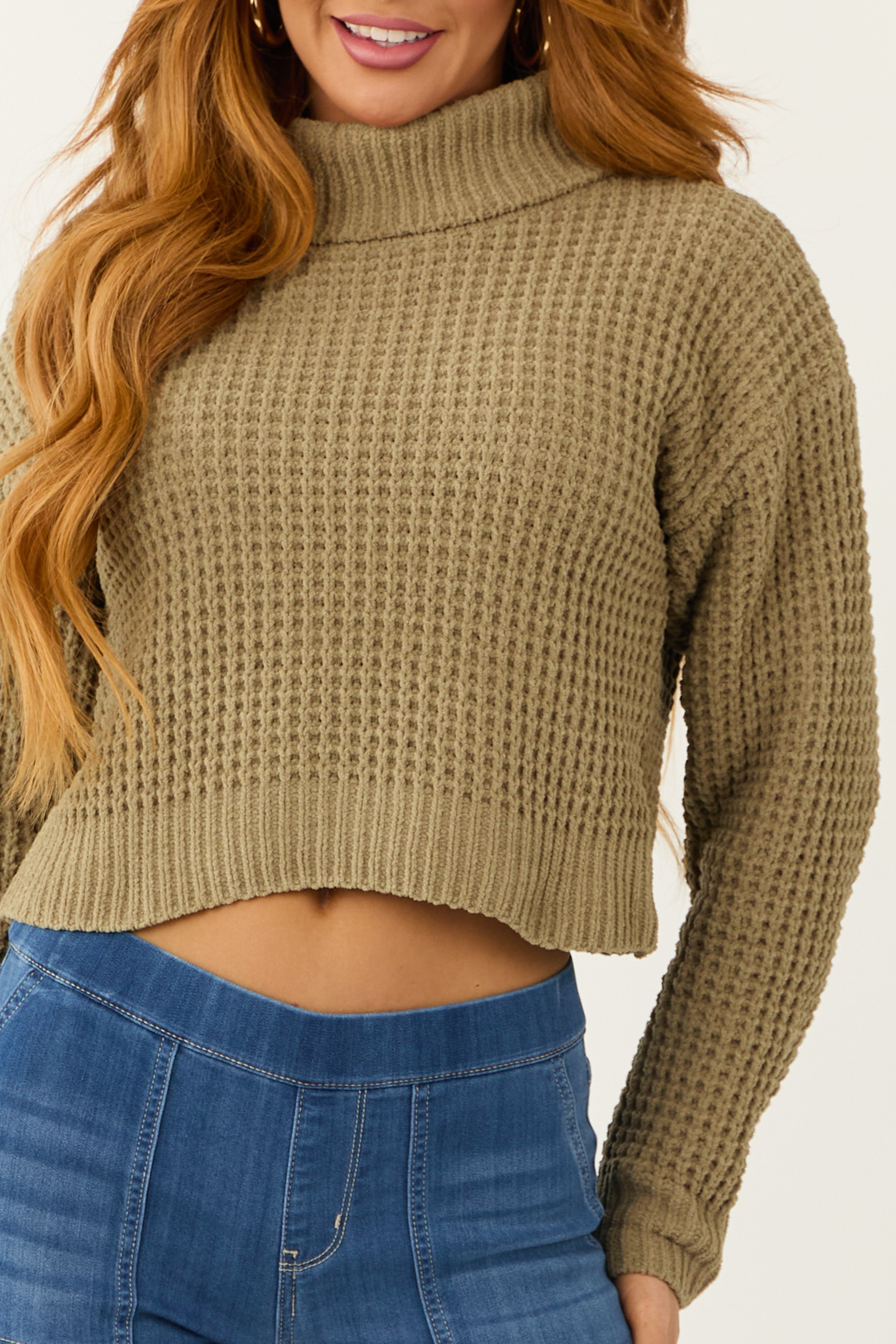 Olive Turtleneck Chenille Cropped Sweater-Newayad