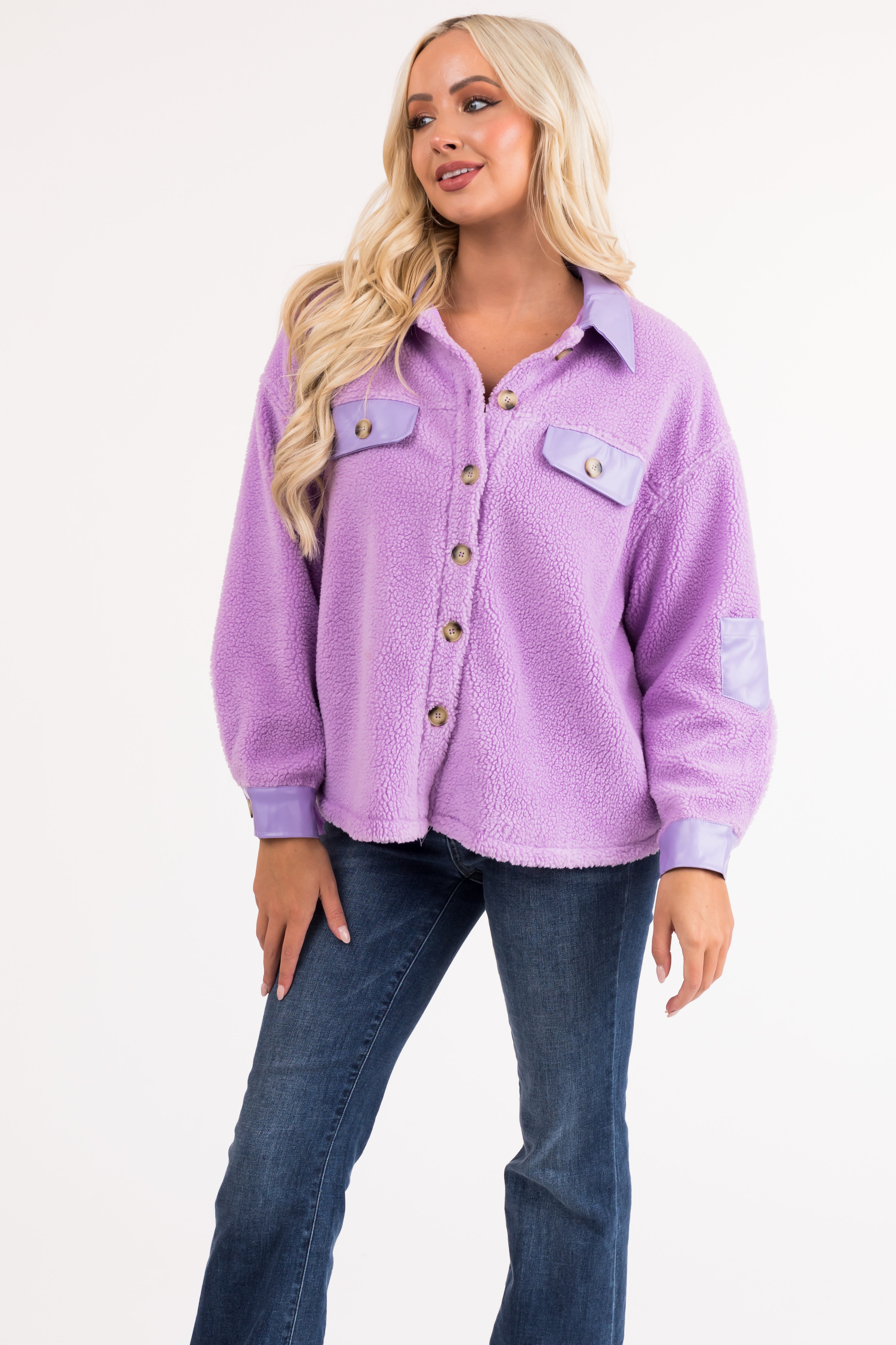 Orchid Sherpa Shacket with Faux Leather Detail-Newayad