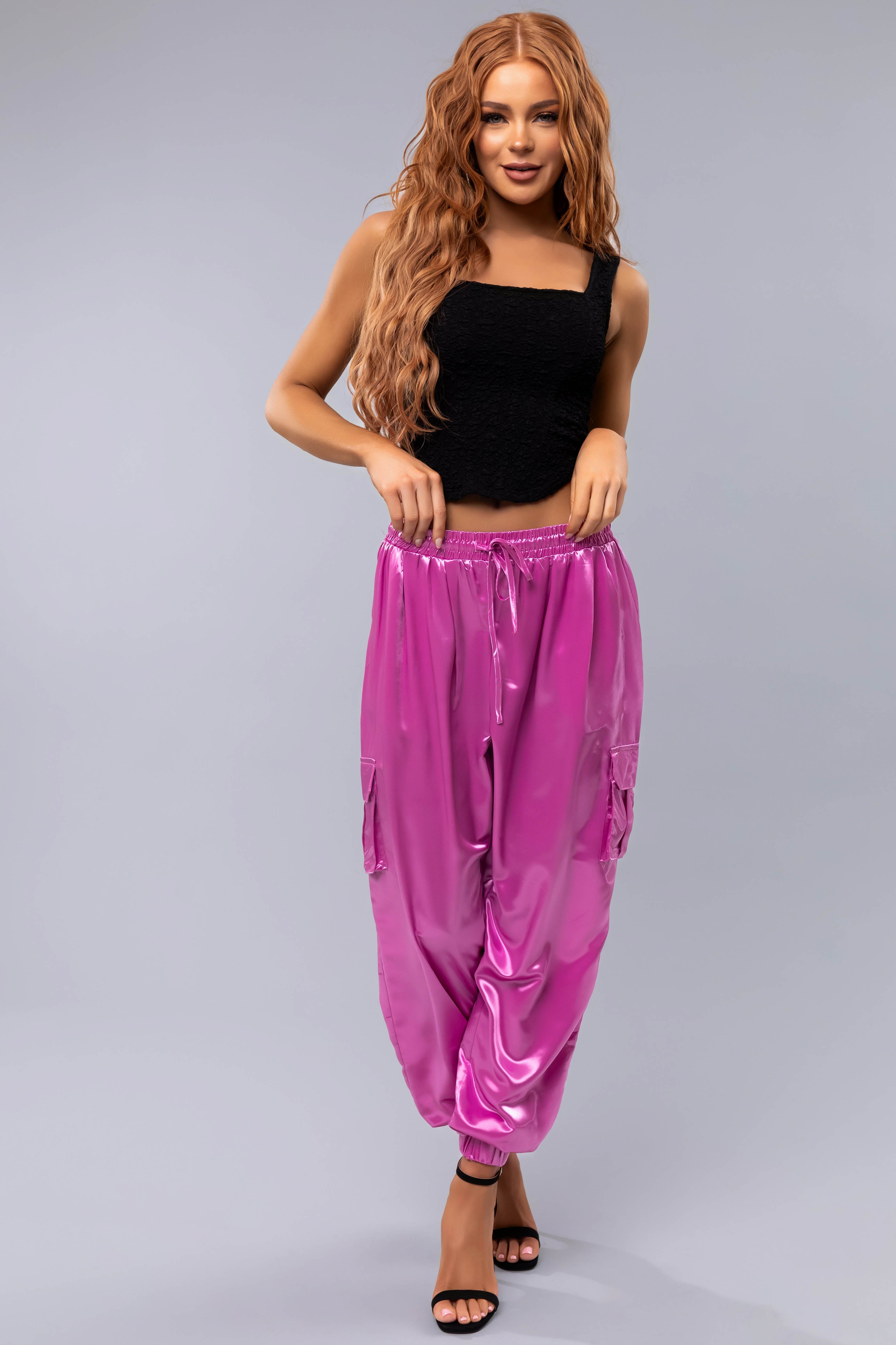 Orchid Shiny Metallic Smocked Waist Joggers-Newayad