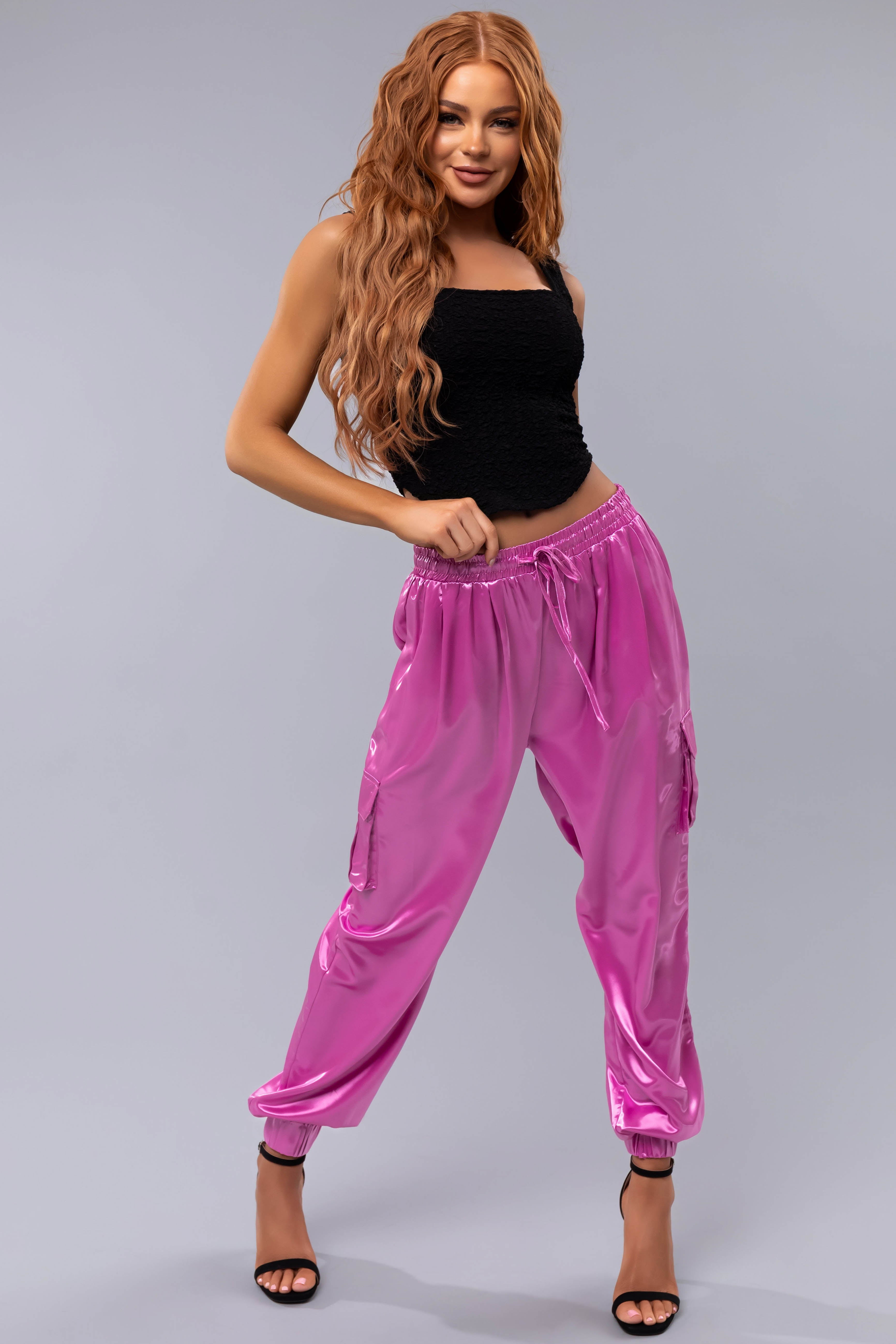 Orchid Shiny Metallic Smocked Waist Joggers-Newayad
