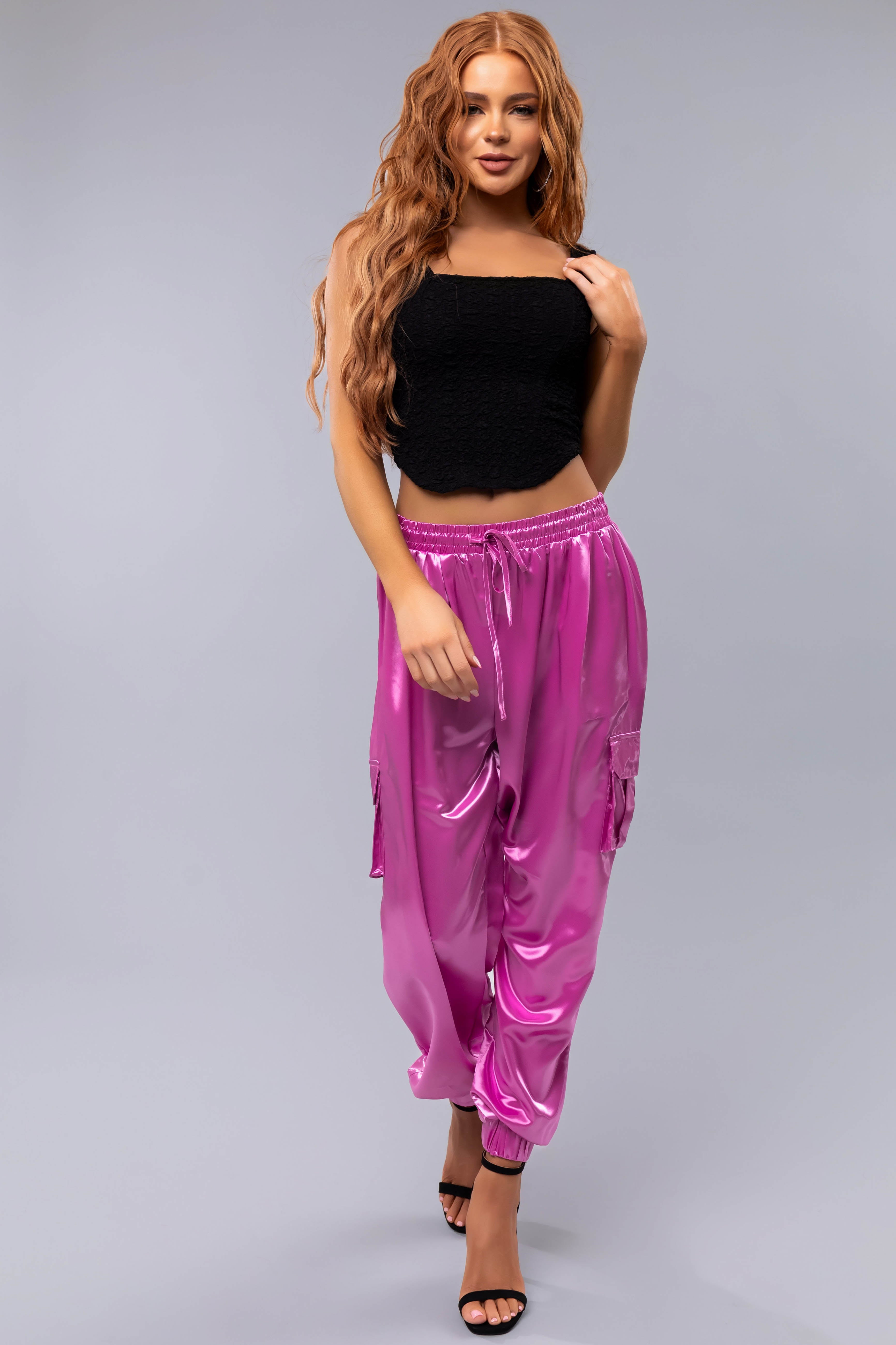 Orchid Shiny Metallic Smocked Waist Joggers-Newayad