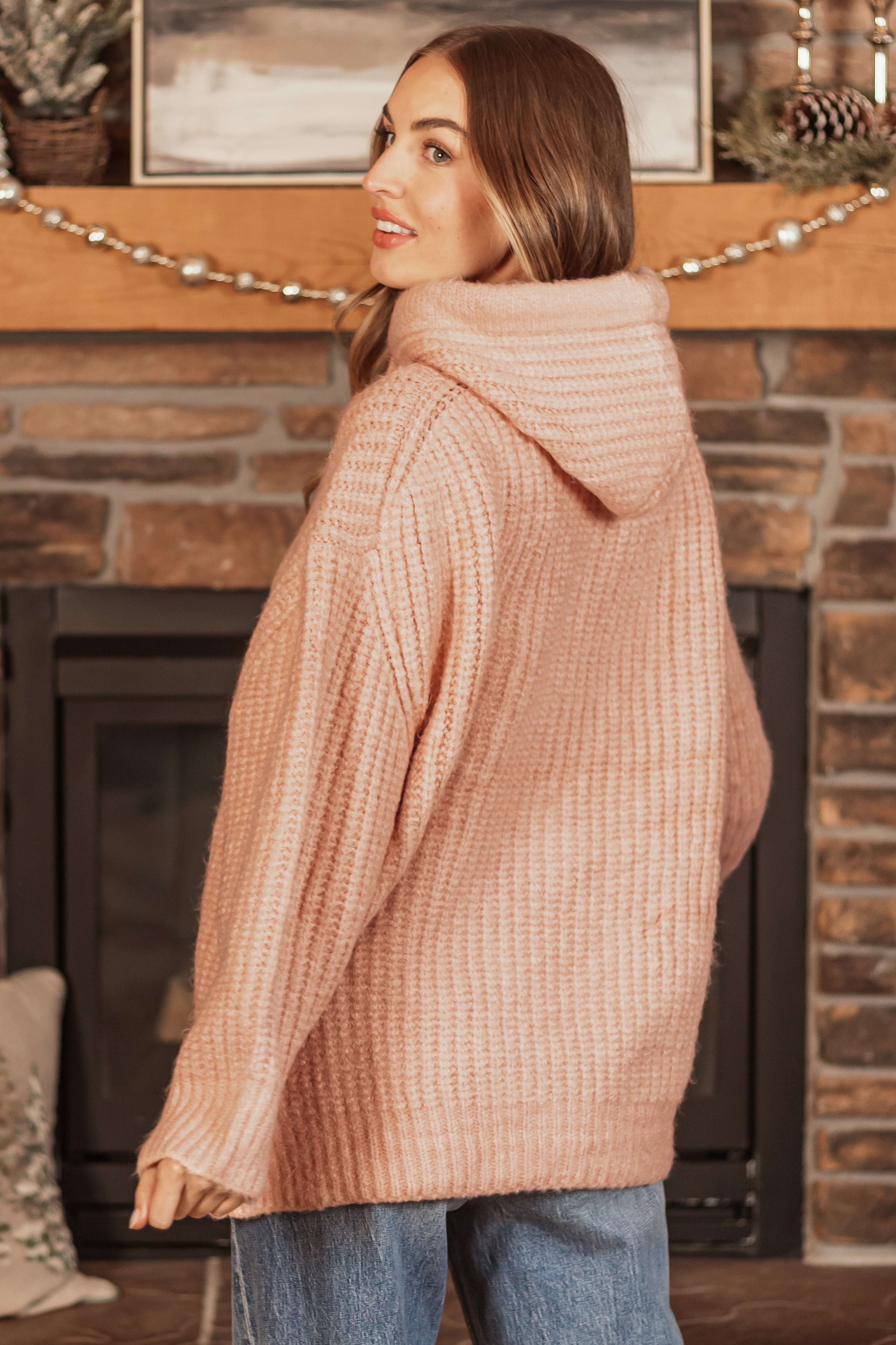 Peach Chunky Soft Knit Oversized Hoodie-Newayad