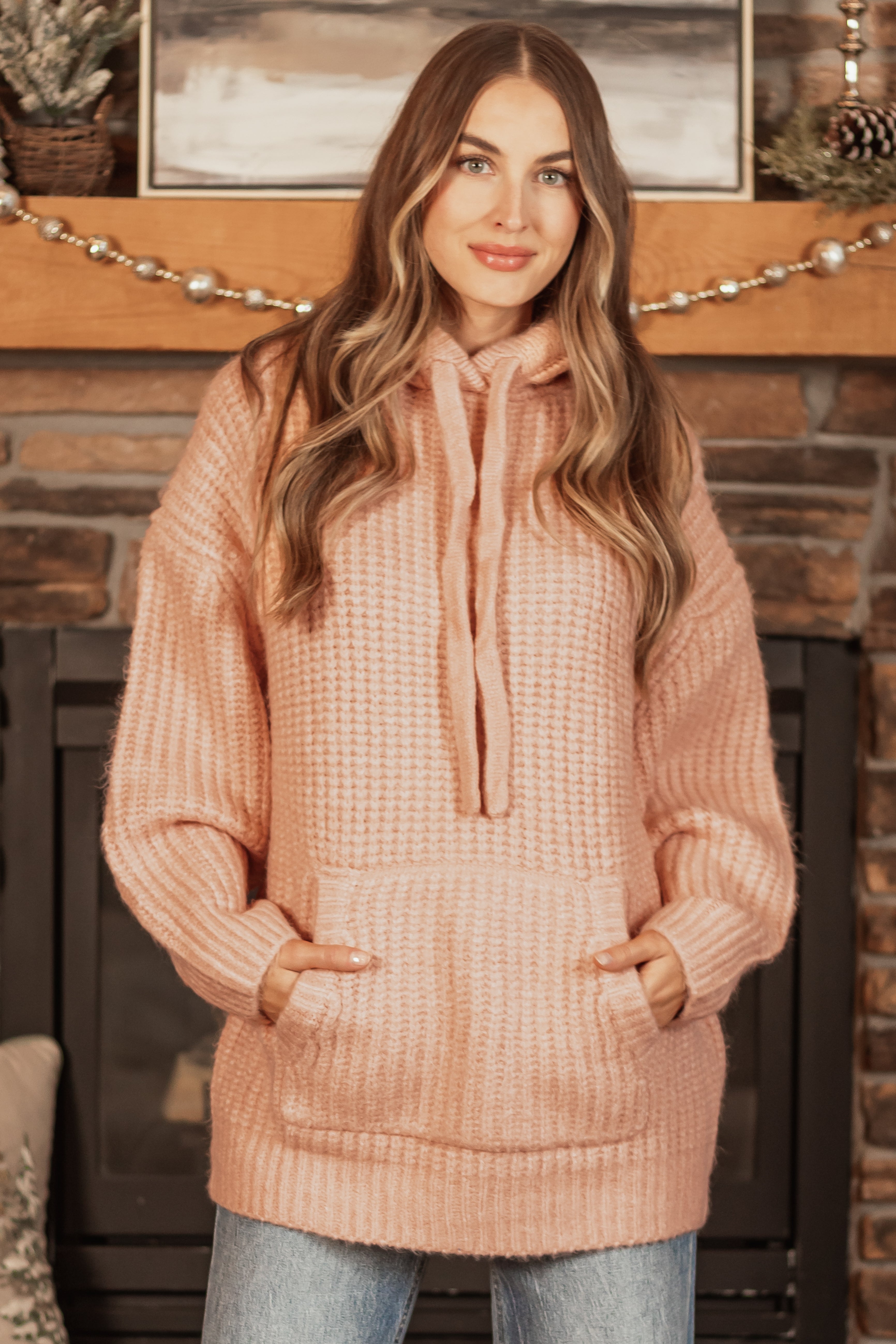 Peach Chunky Soft Knit Oversized Hoodie-Newayad