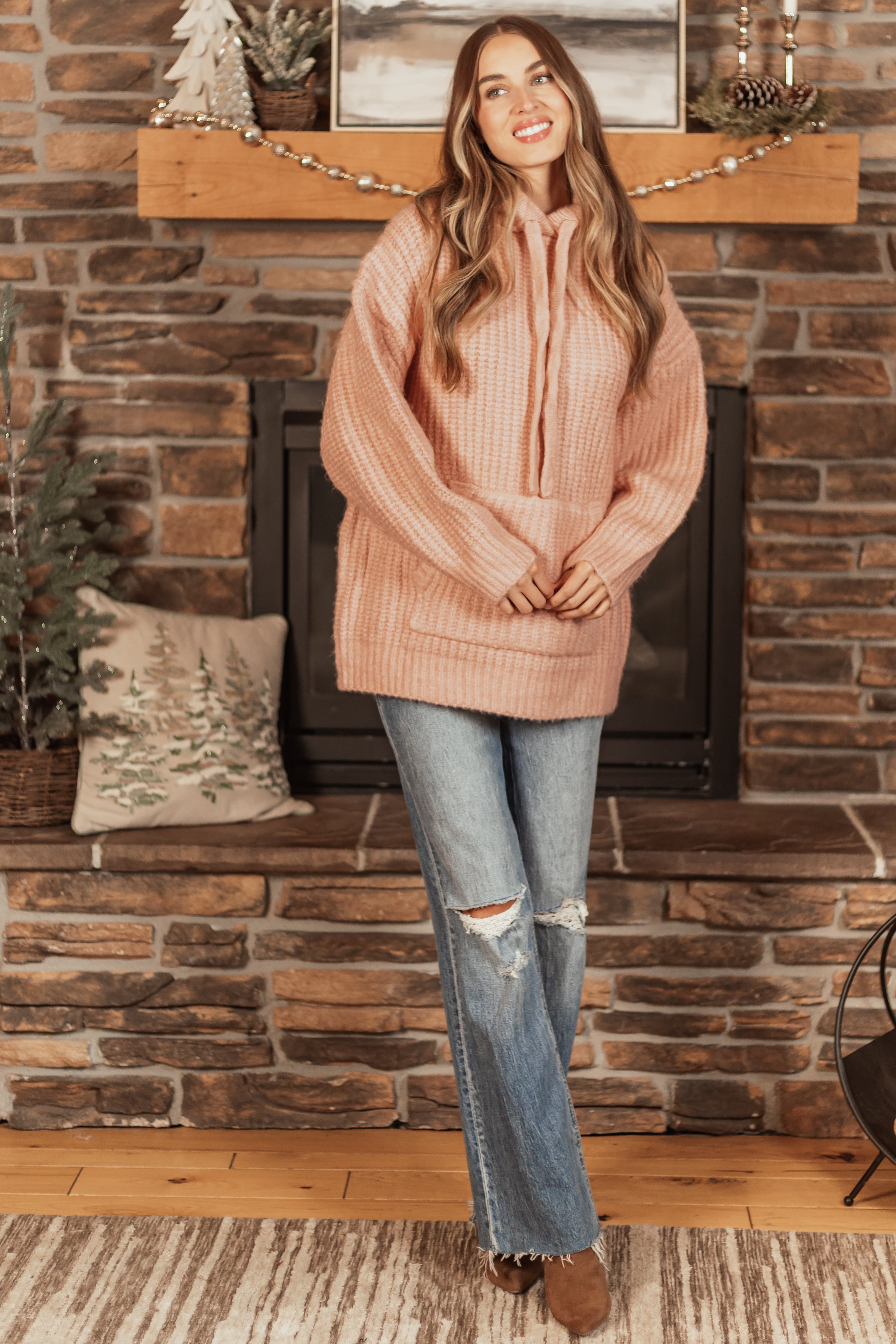 Peach Chunky Soft Knit Oversized Hoodie-Newayad