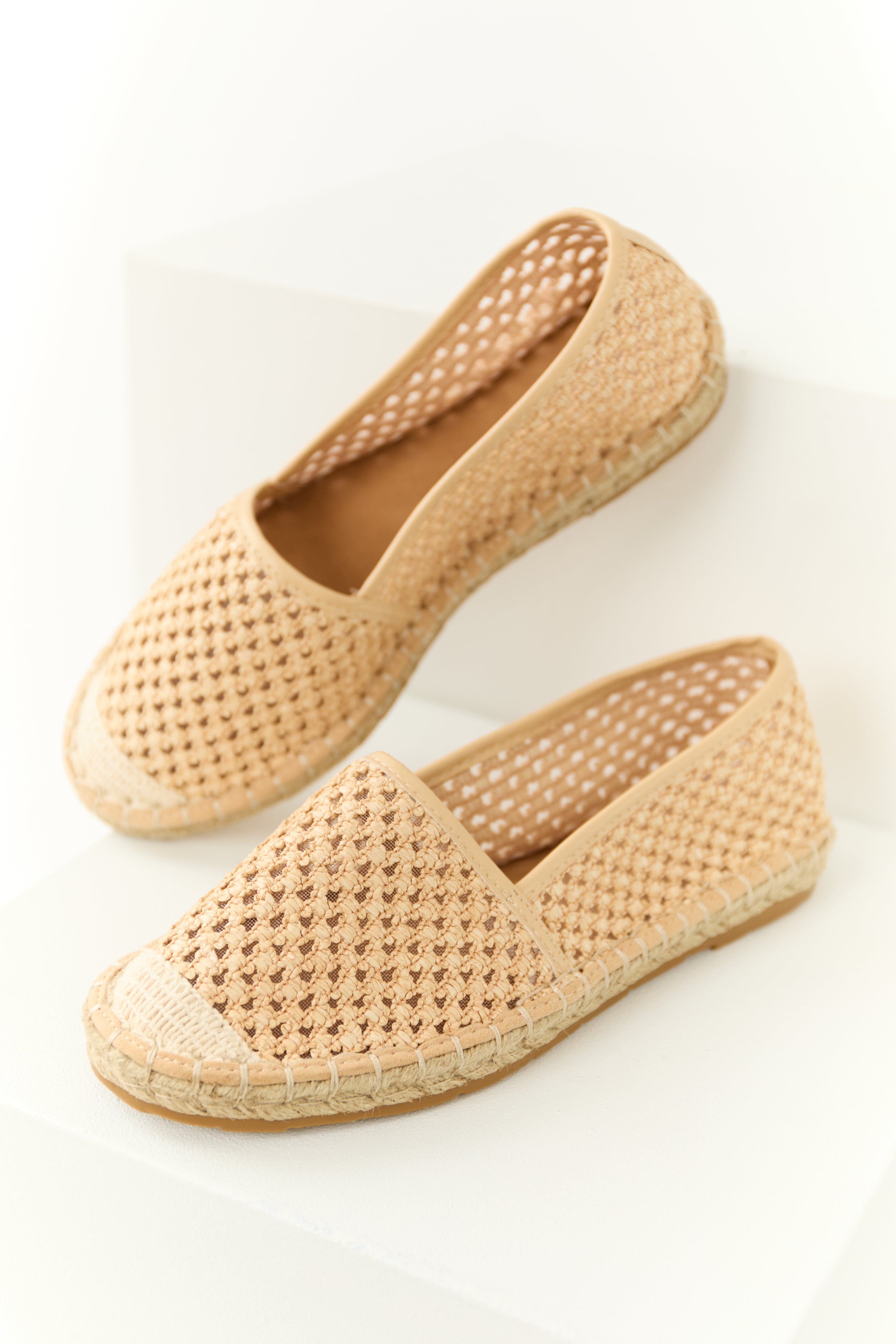 Peach Woven Rounded Toe Slip On Espadrilles-Newayad