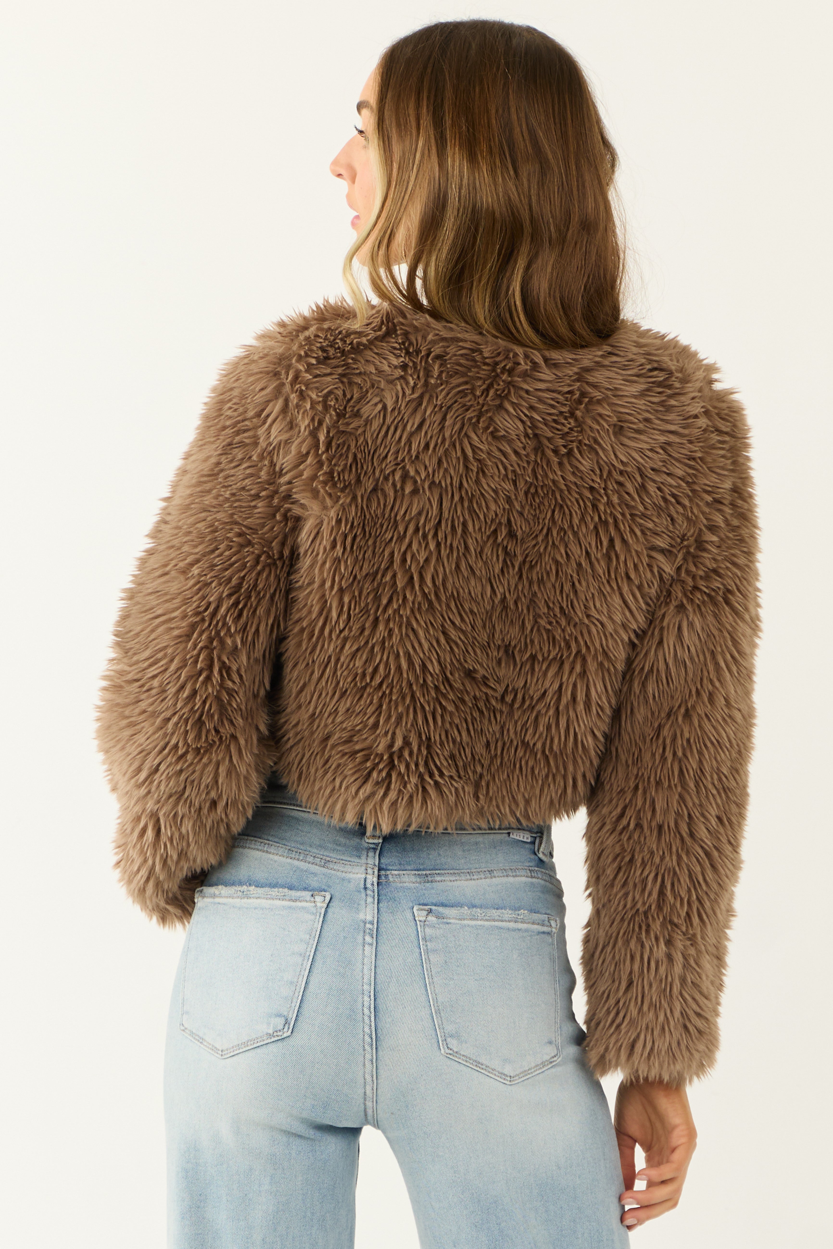 Peanut Faux Fur Long Sleeve Crop Jacket-Newayad