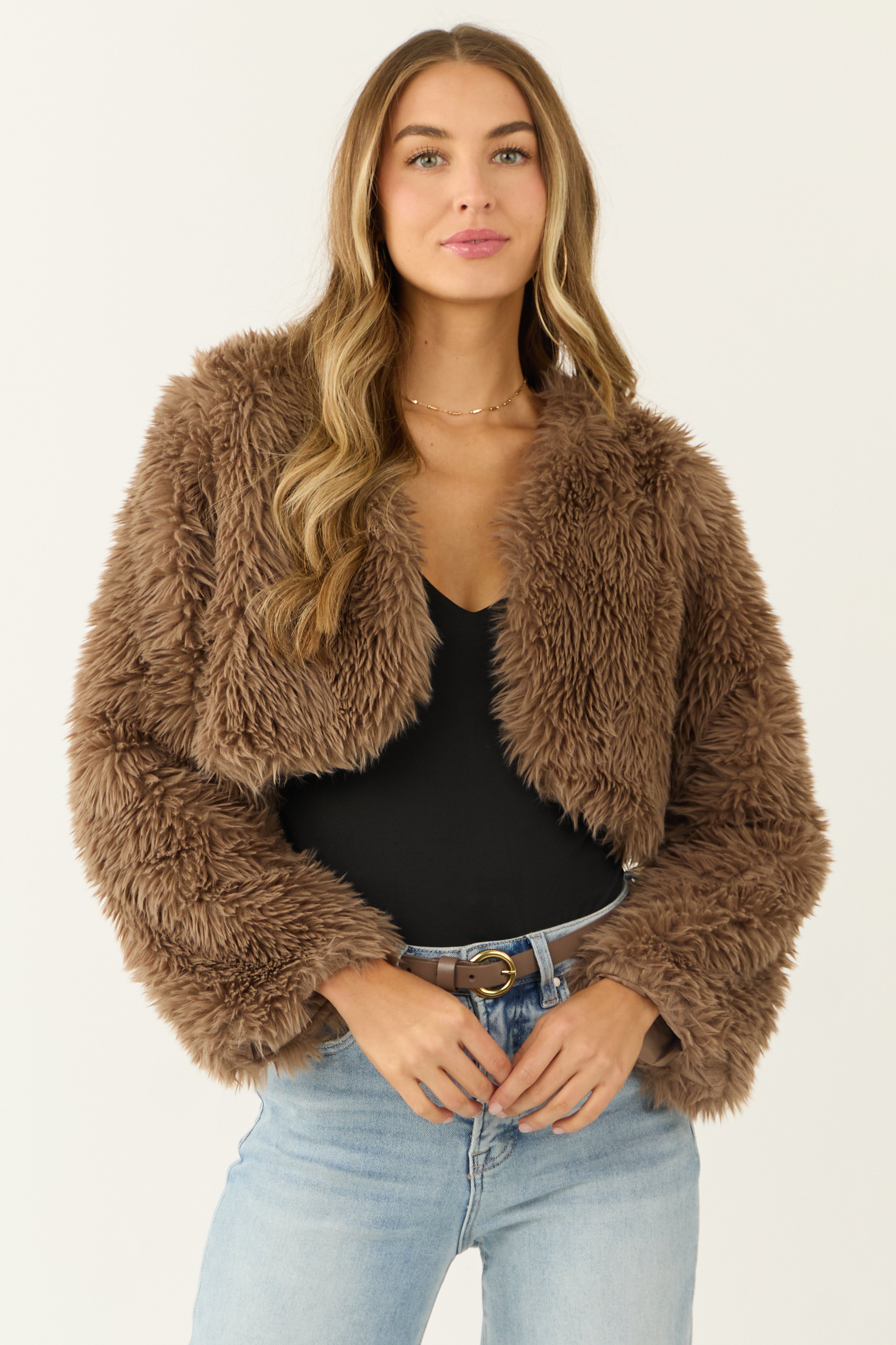 Peanut Faux Fur Long Sleeve Crop Jacket-Newayad