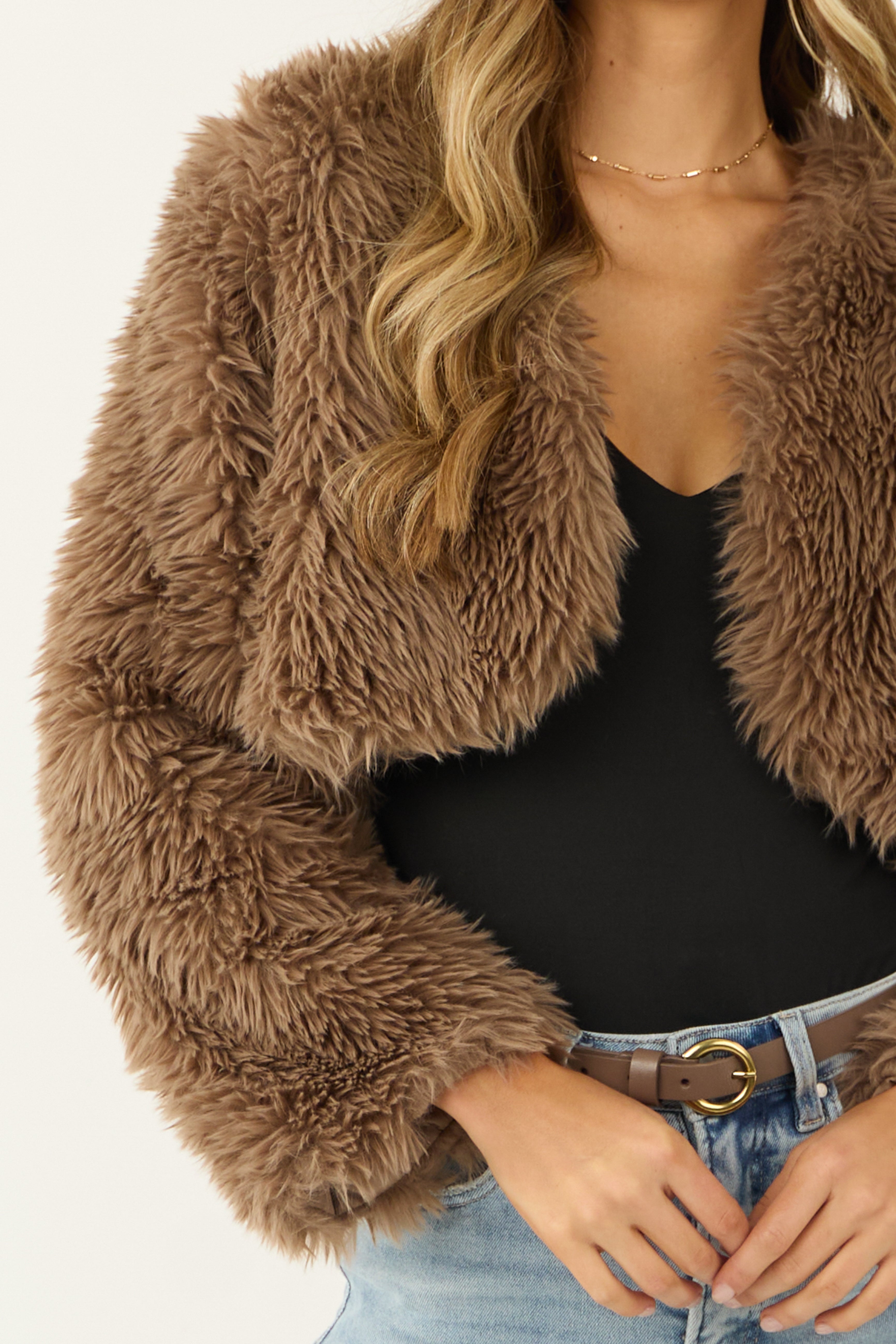 Peanut Faux Fur Long Sleeve Crop Jacket-Newayad