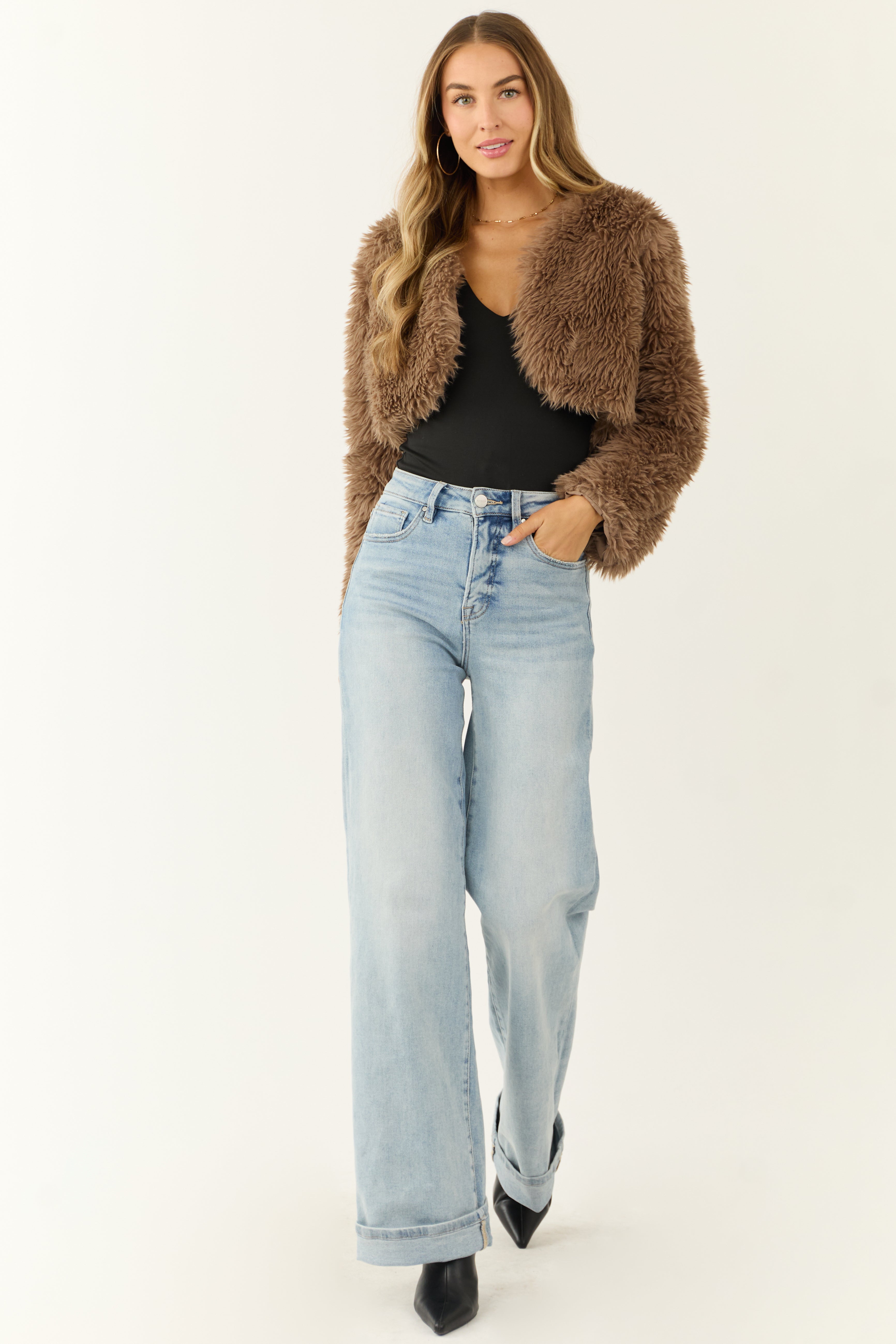 Peanut Faux Fur Long Sleeve Crop Jacket-Newayad