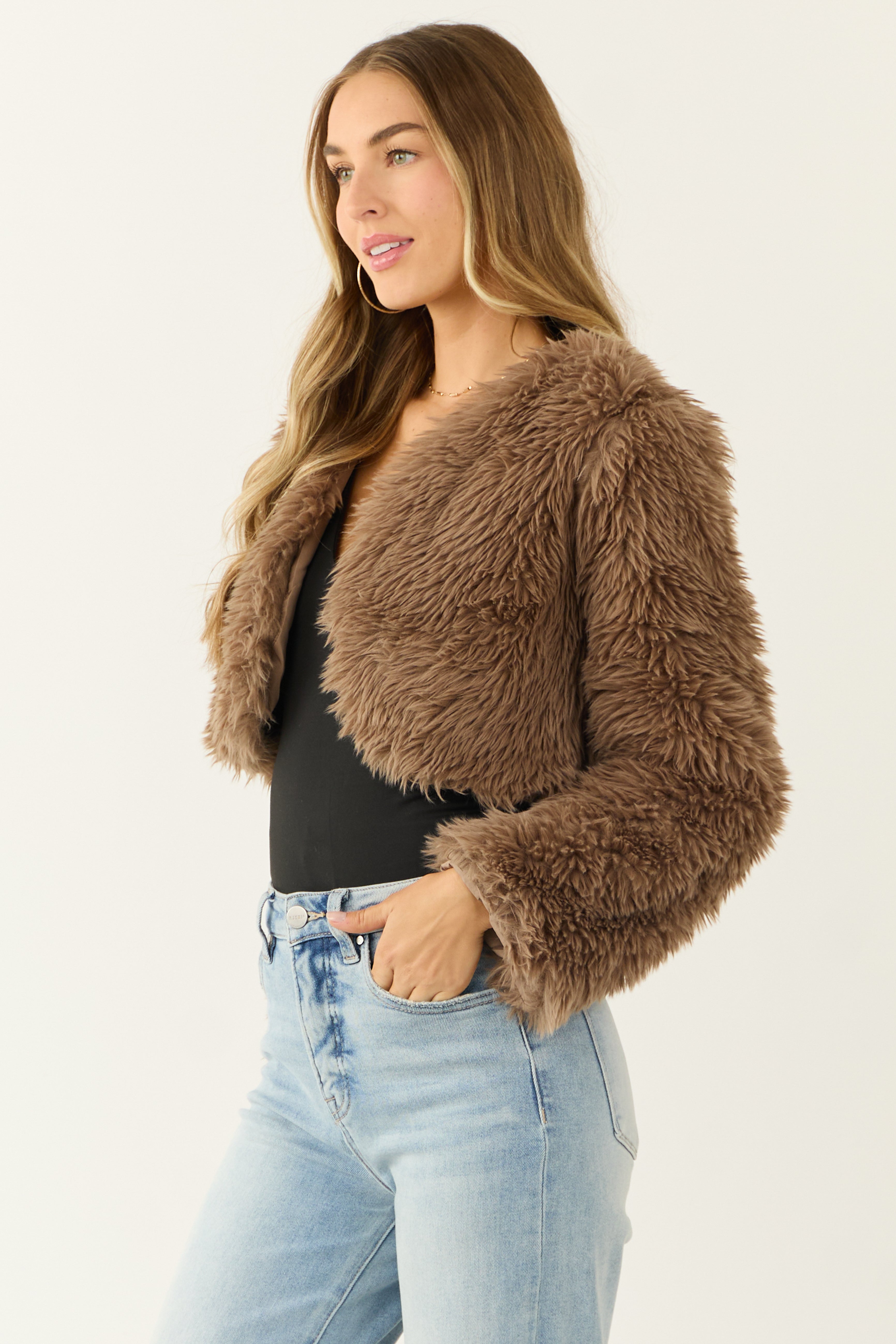 Peanut Faux Fur Long Sleeve Crop Jacket-Newayad