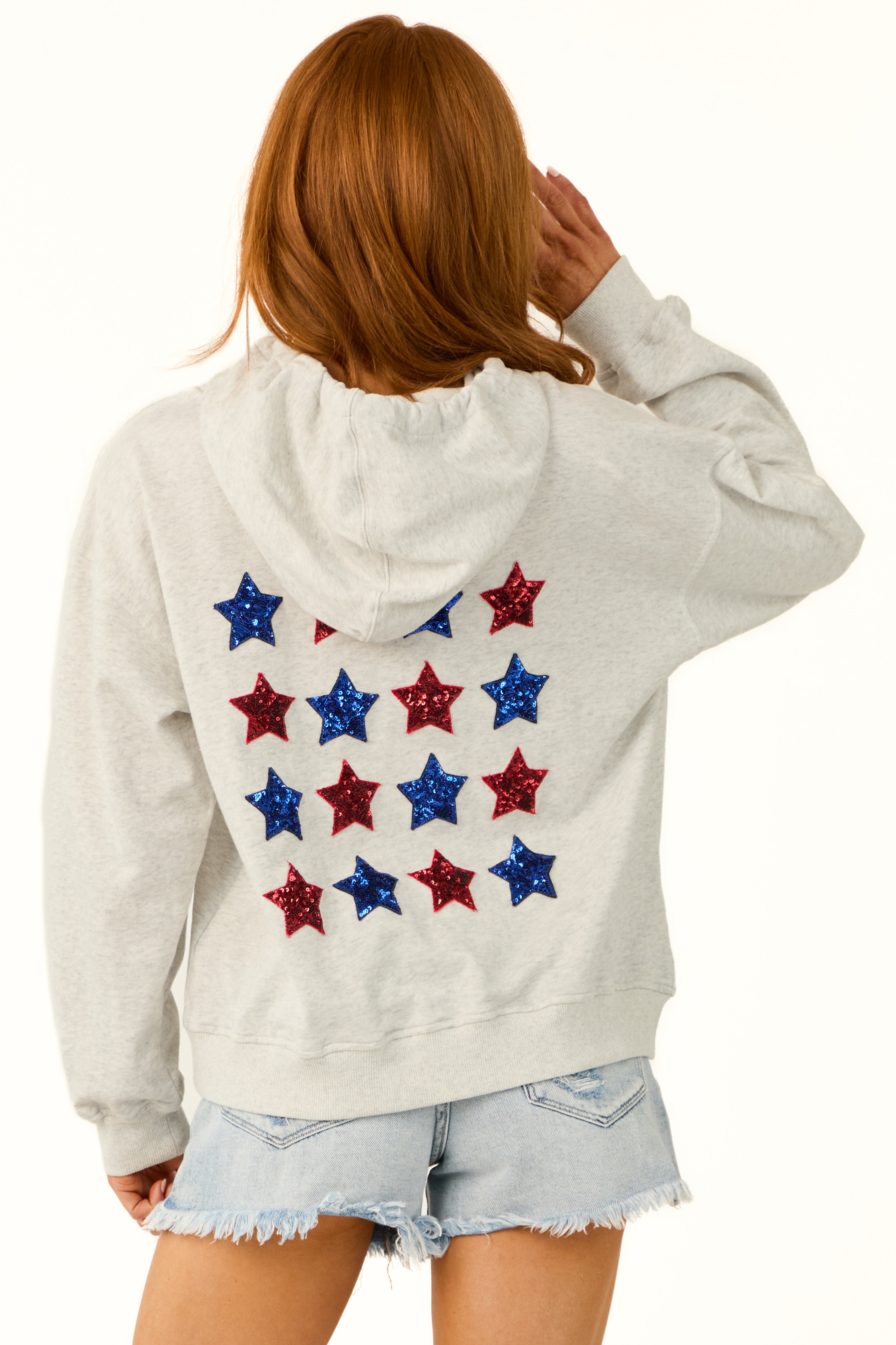 Pewter Grey Star Sequined Cinched Hoodie-Newayad