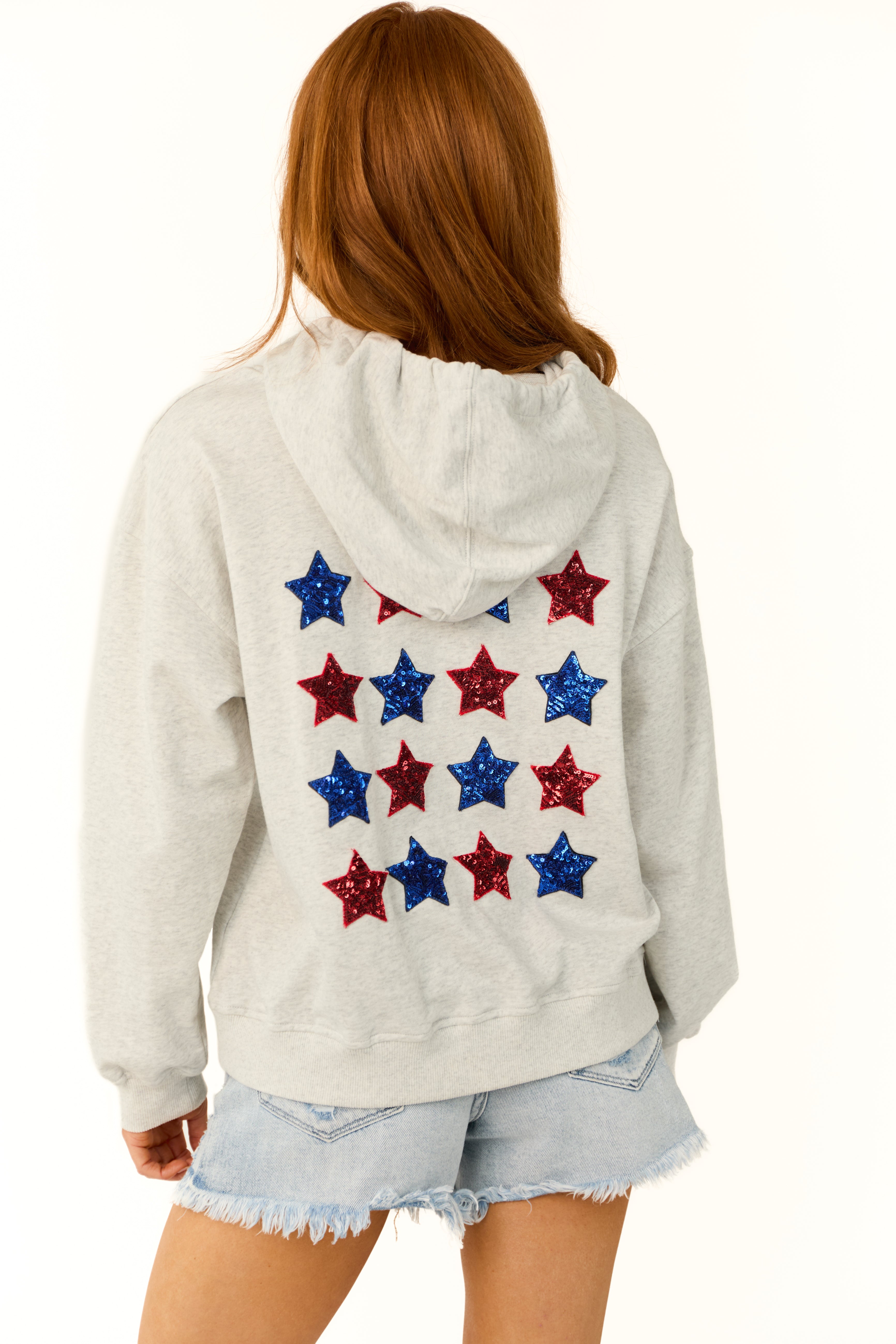 Pewter Grey Star Sequined Cinched Hoodie-Newayad