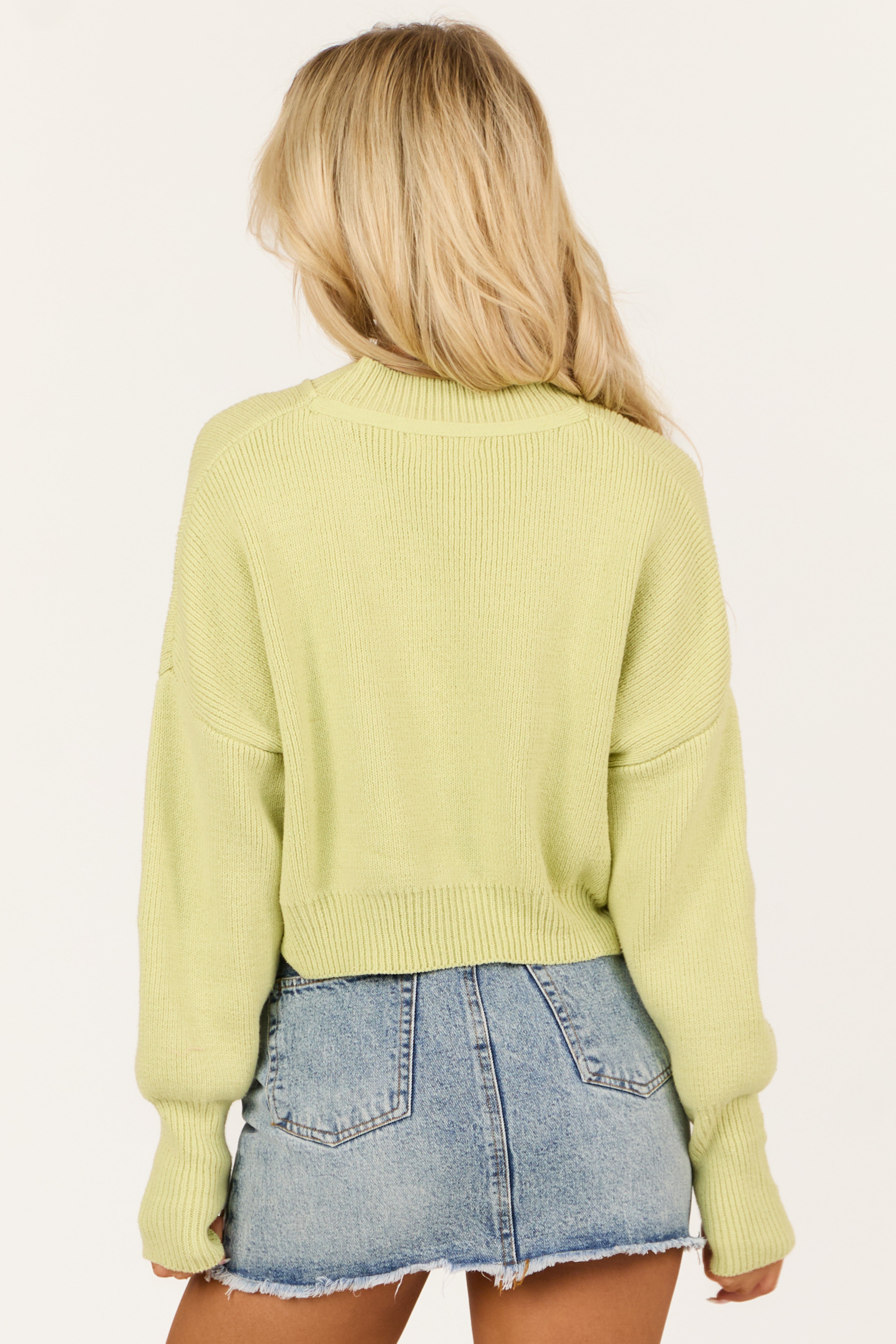 Pistachio Cropped Puff Long Sleeve Knit Sweater-Newayad