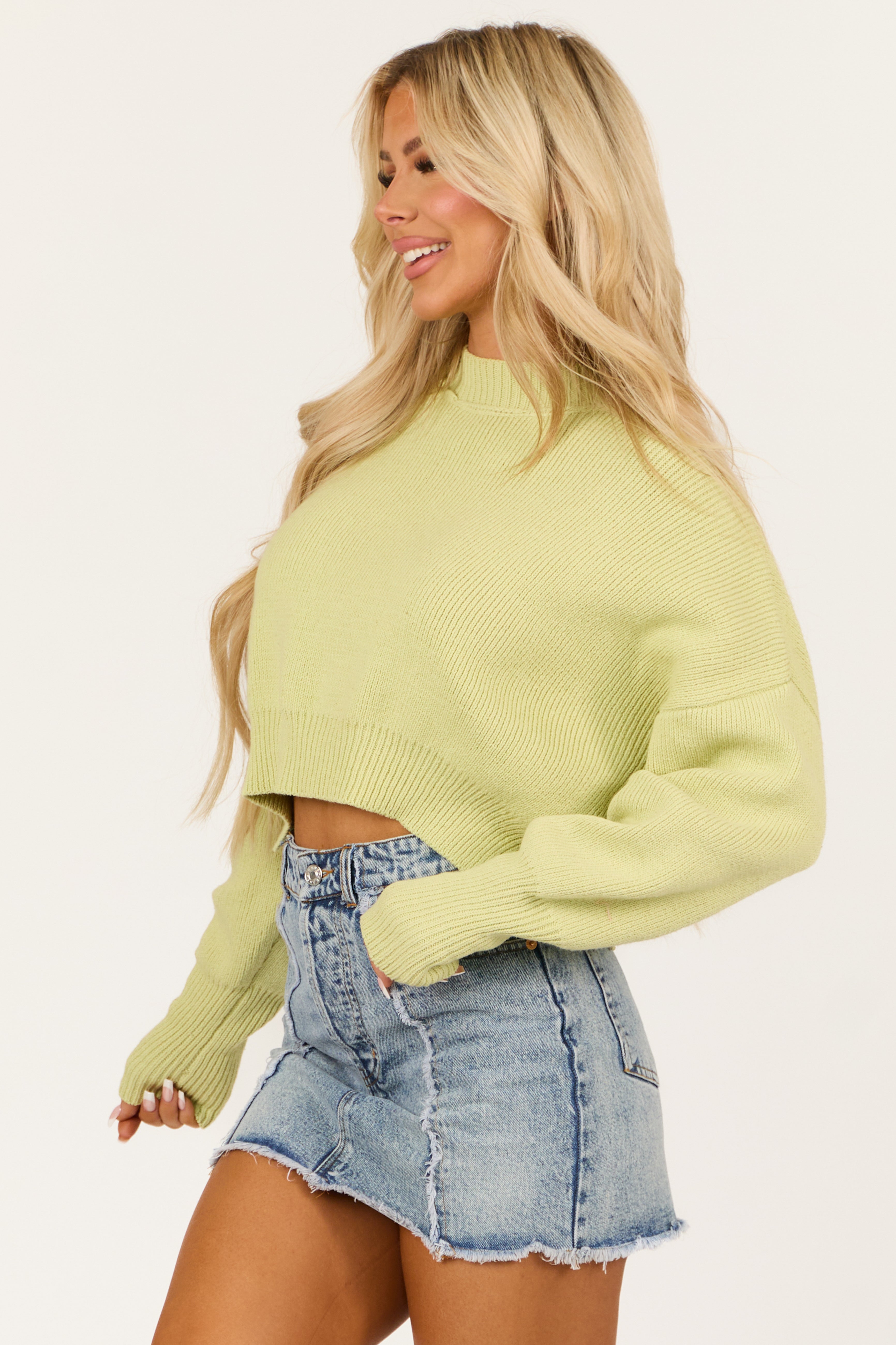 Pistachio Cropped Puff Long Sleeve Knit Sweater-Newayad