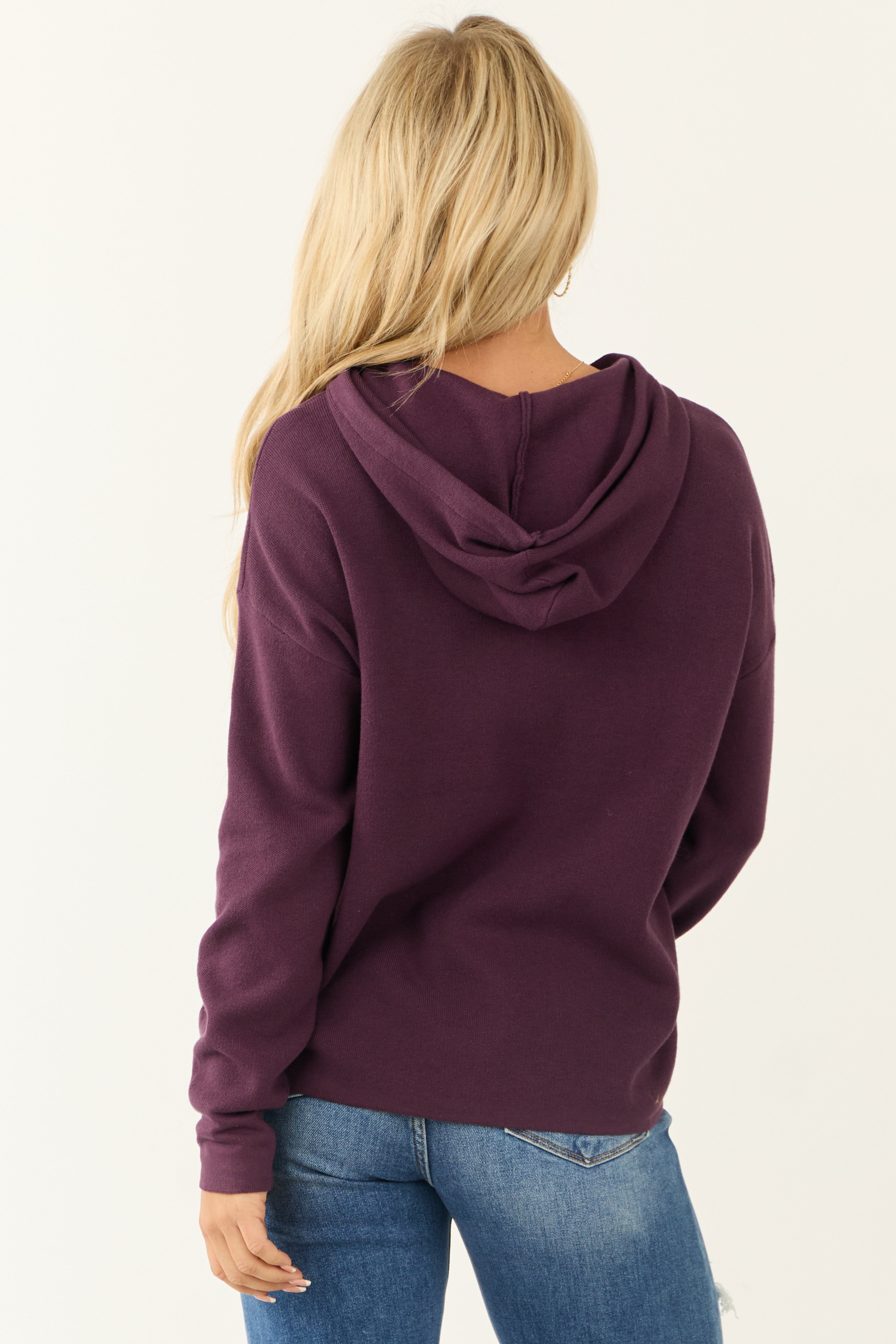Plum Long Sleeve Knit Drawstring Hoodie-Newayad