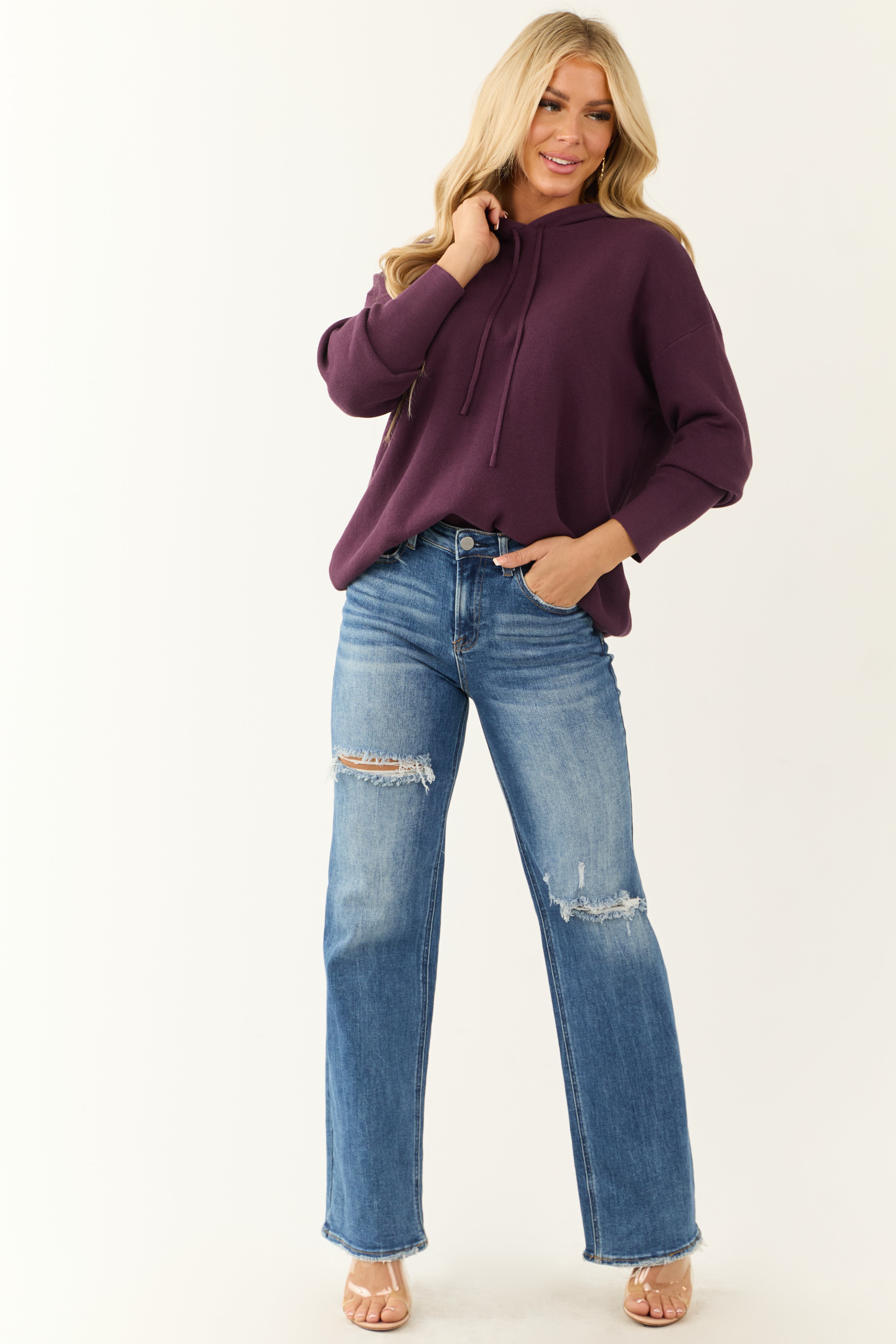 Plum Long Sleeve Knit Drawstring Hoodie-Newayad