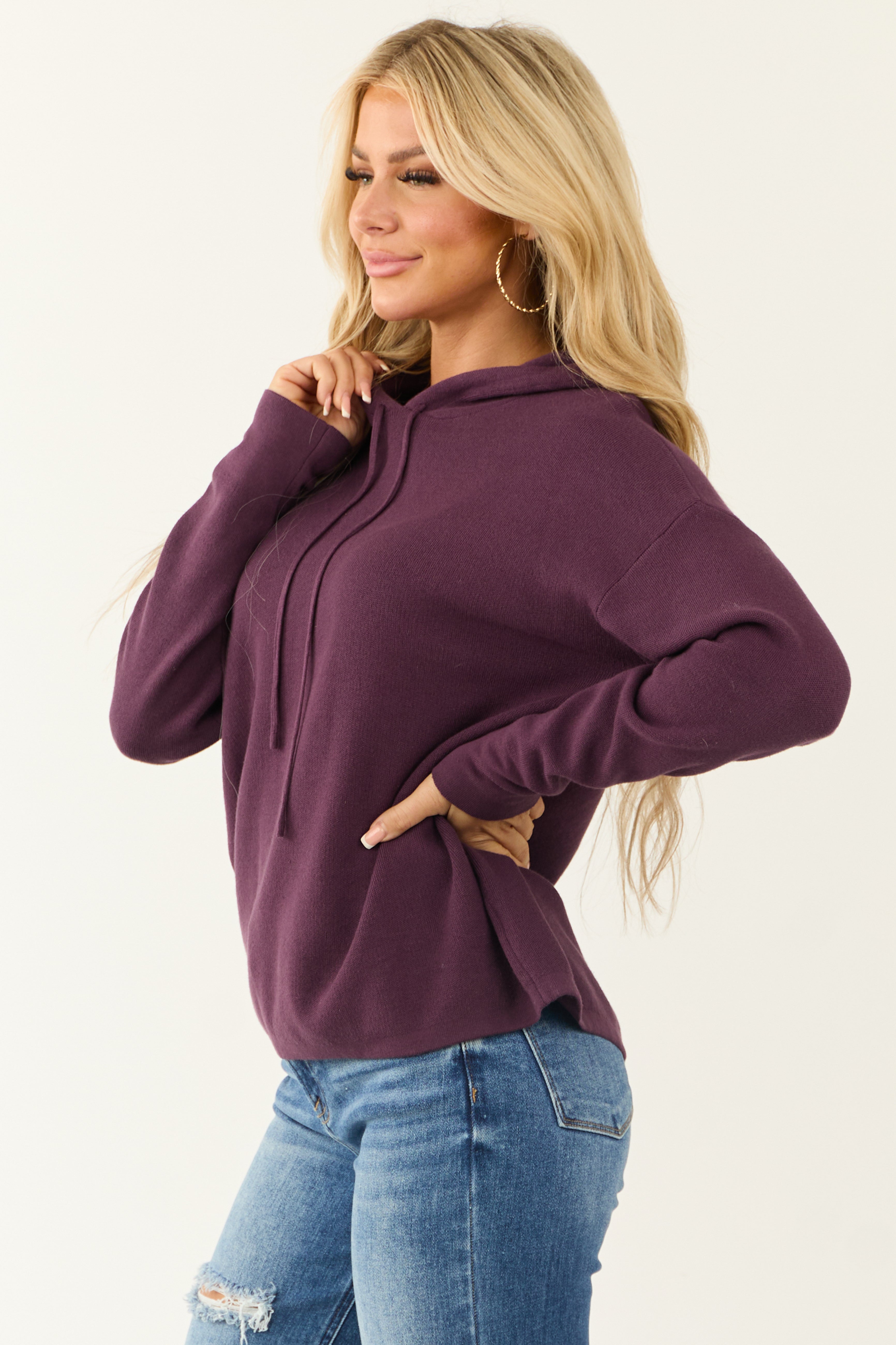 Plum Long Sleeve Knit Drawstring Hoodie-Newayad