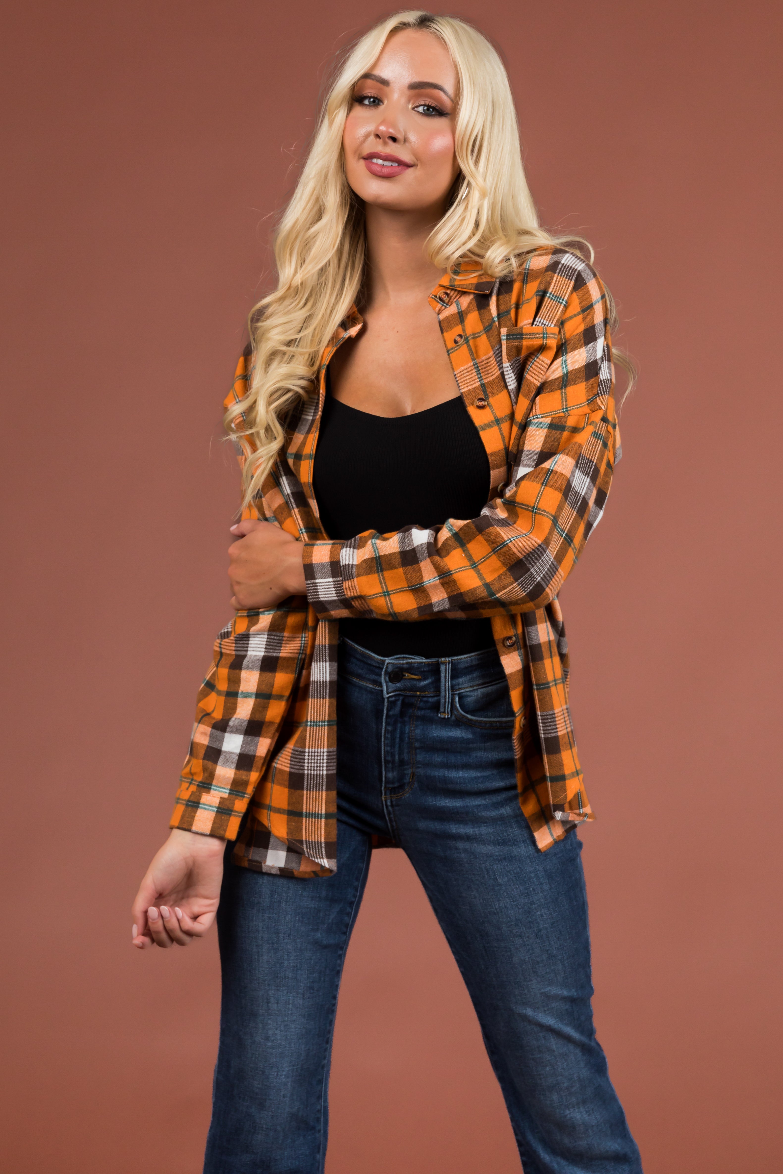 Pumpkin Plaid Drop Shoulder Button Up Shirt-Newayad