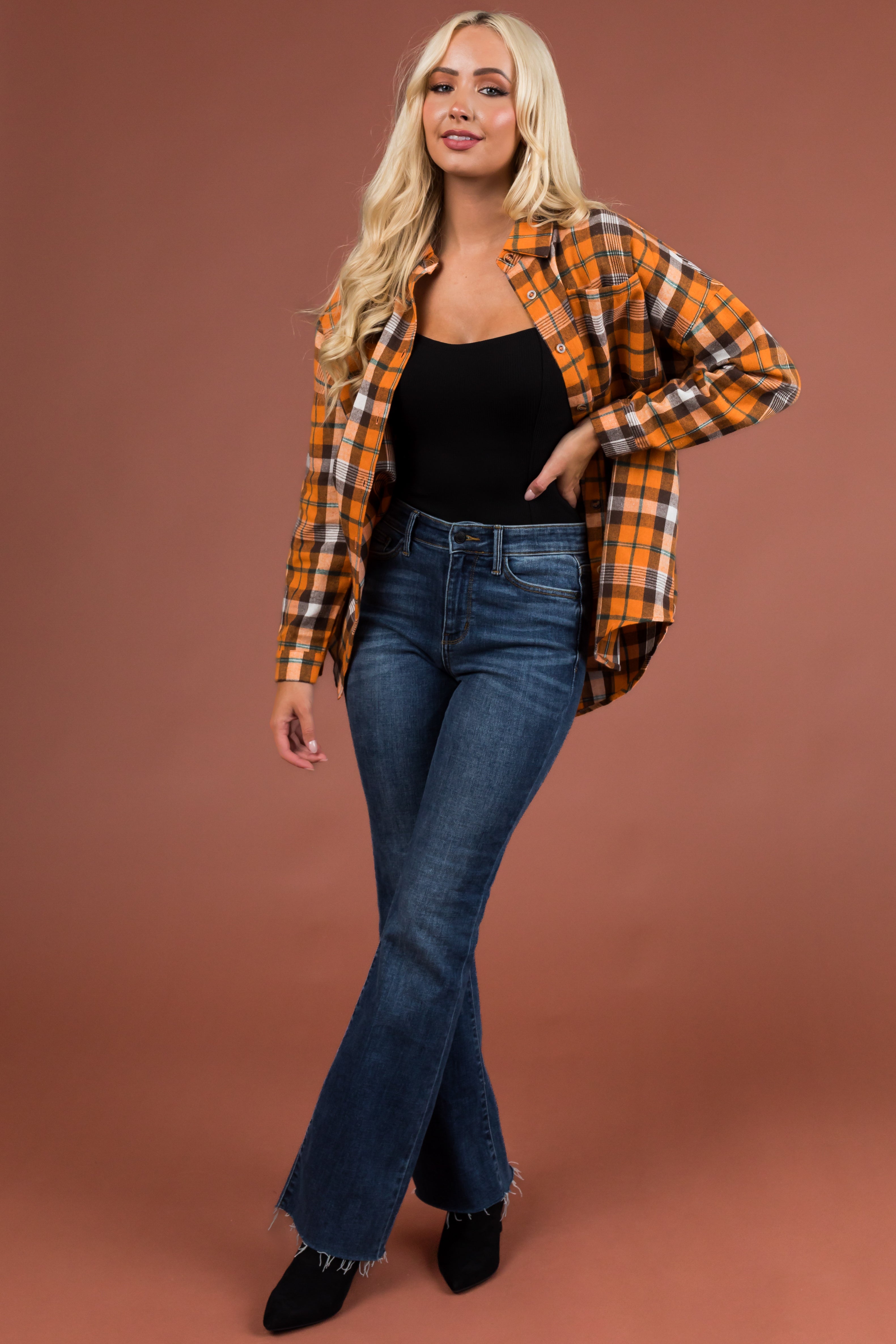 Pumpkin Plaid Drop Shoulder Button Up Shirt-Newayad