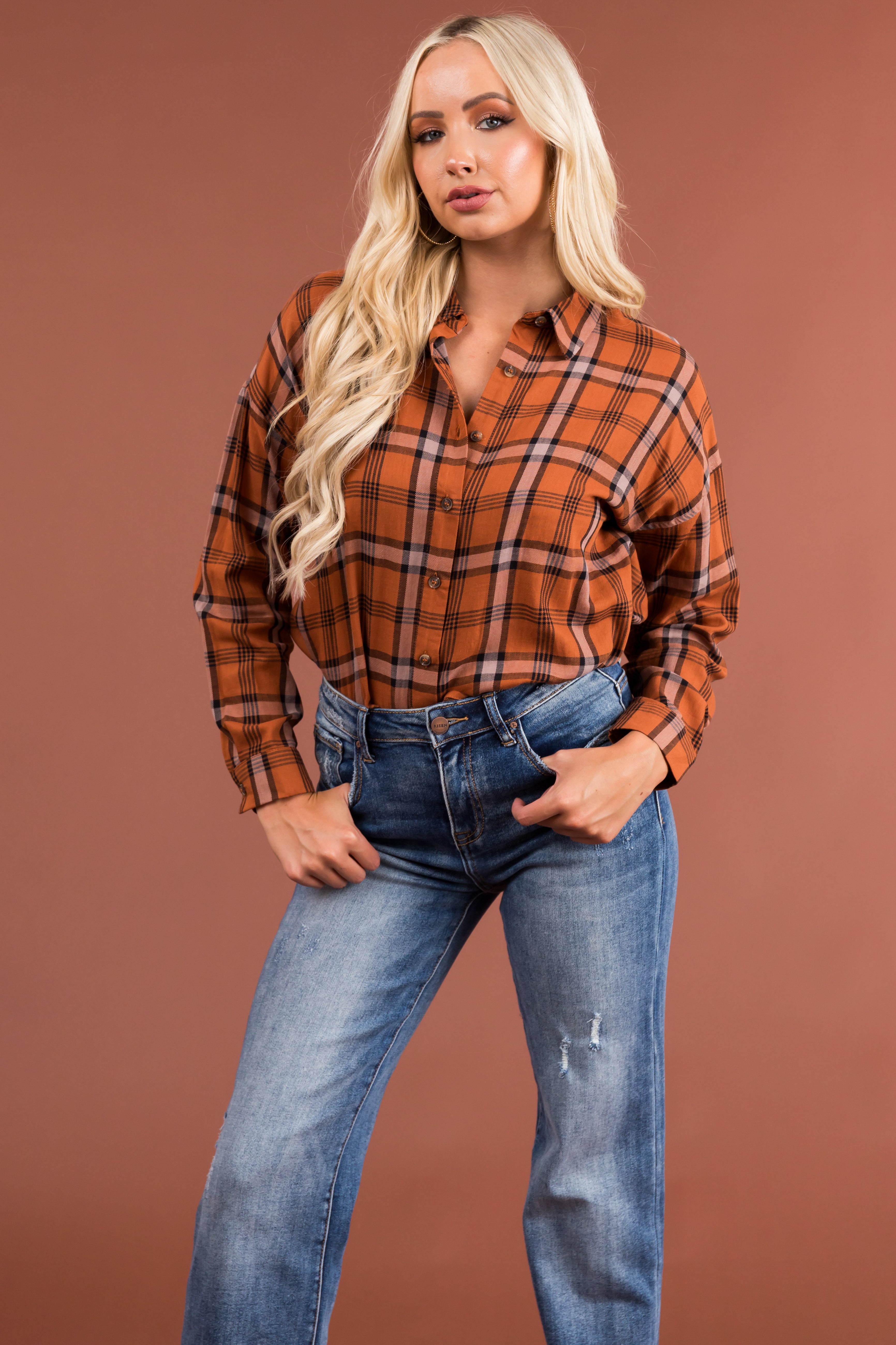 Pumpkin Spice Plaid Button Up Shirt-Newayad