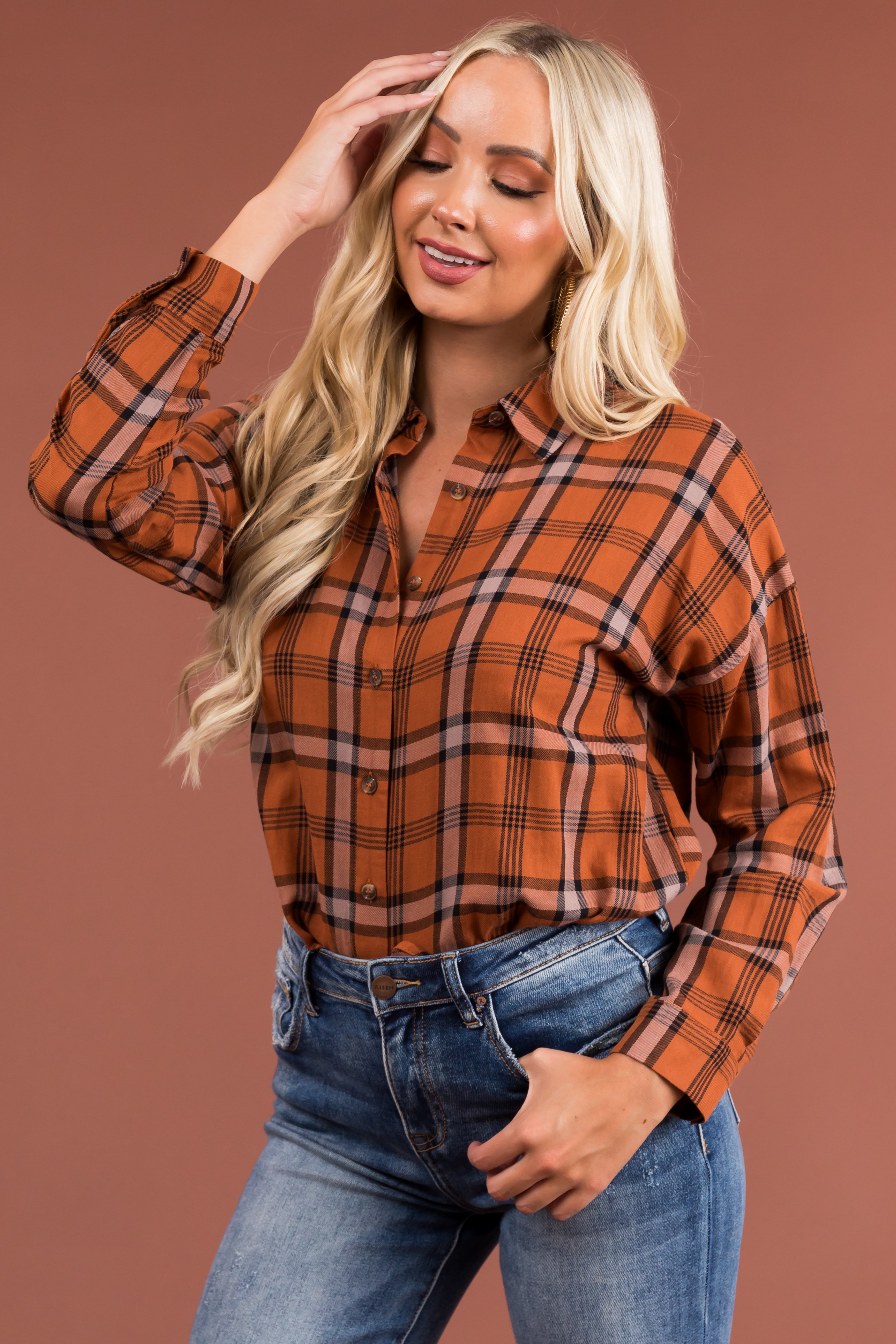 Pumpkin Spice Plaid Button Up Shirt-Newayad