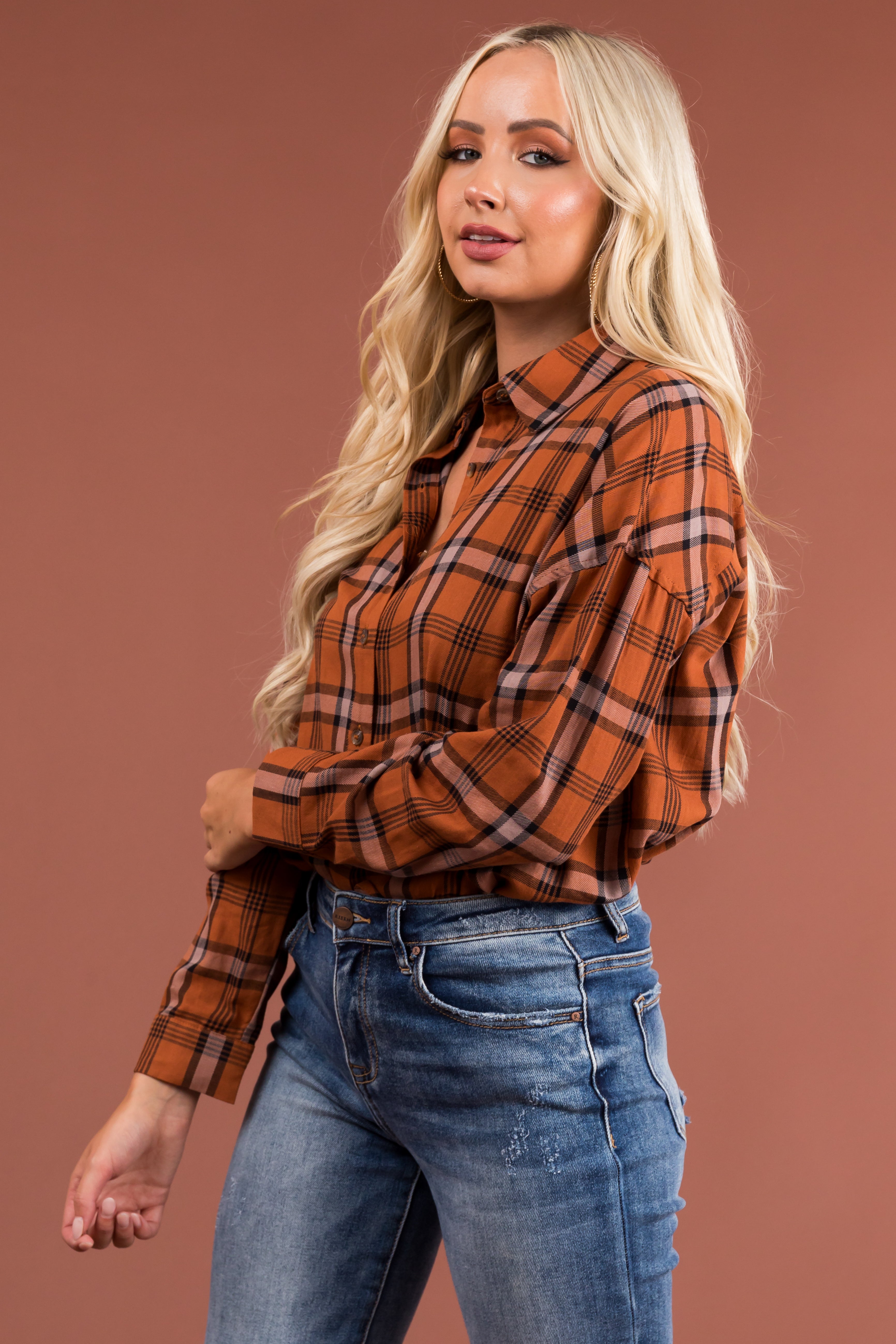 Pumpkin Spice Plaid Button Up Shirt-Newayad