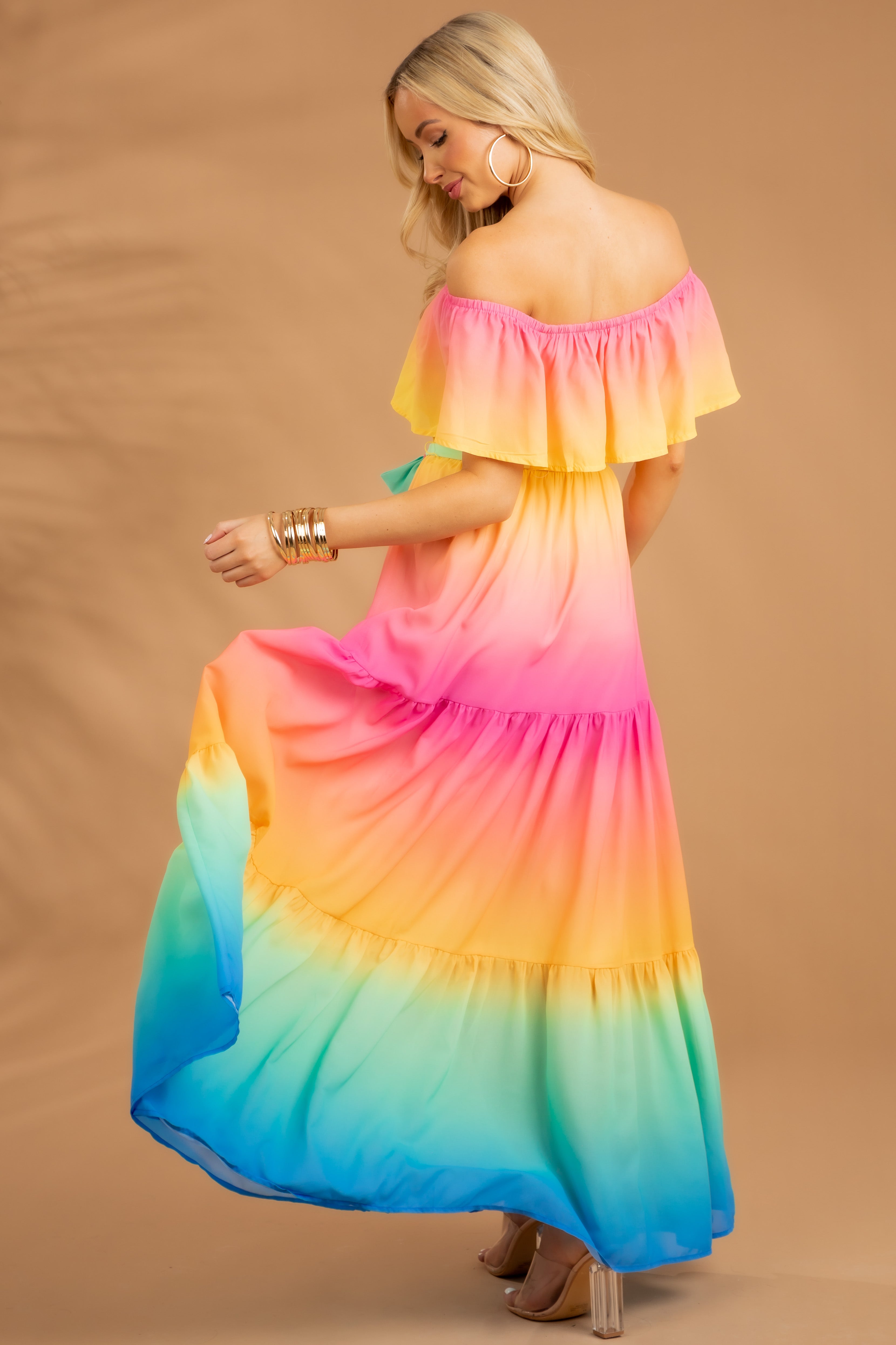 Flying Tomato Rainbow Ombre Off the Shoulder Maxi Dress-Newayad