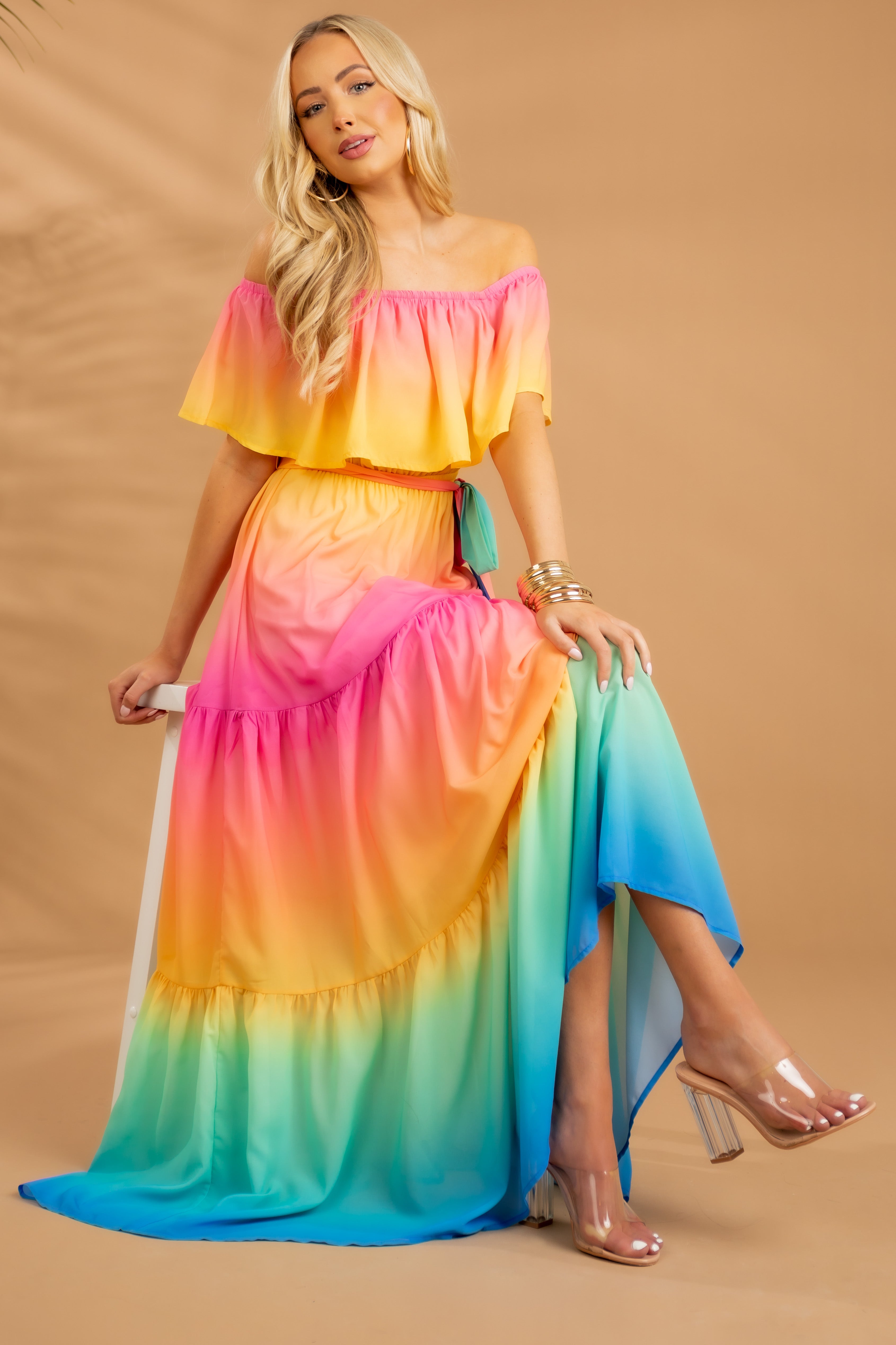Flying Tomato Rainbow Ombre Off the Shoulder Maxi Dress-Newayad