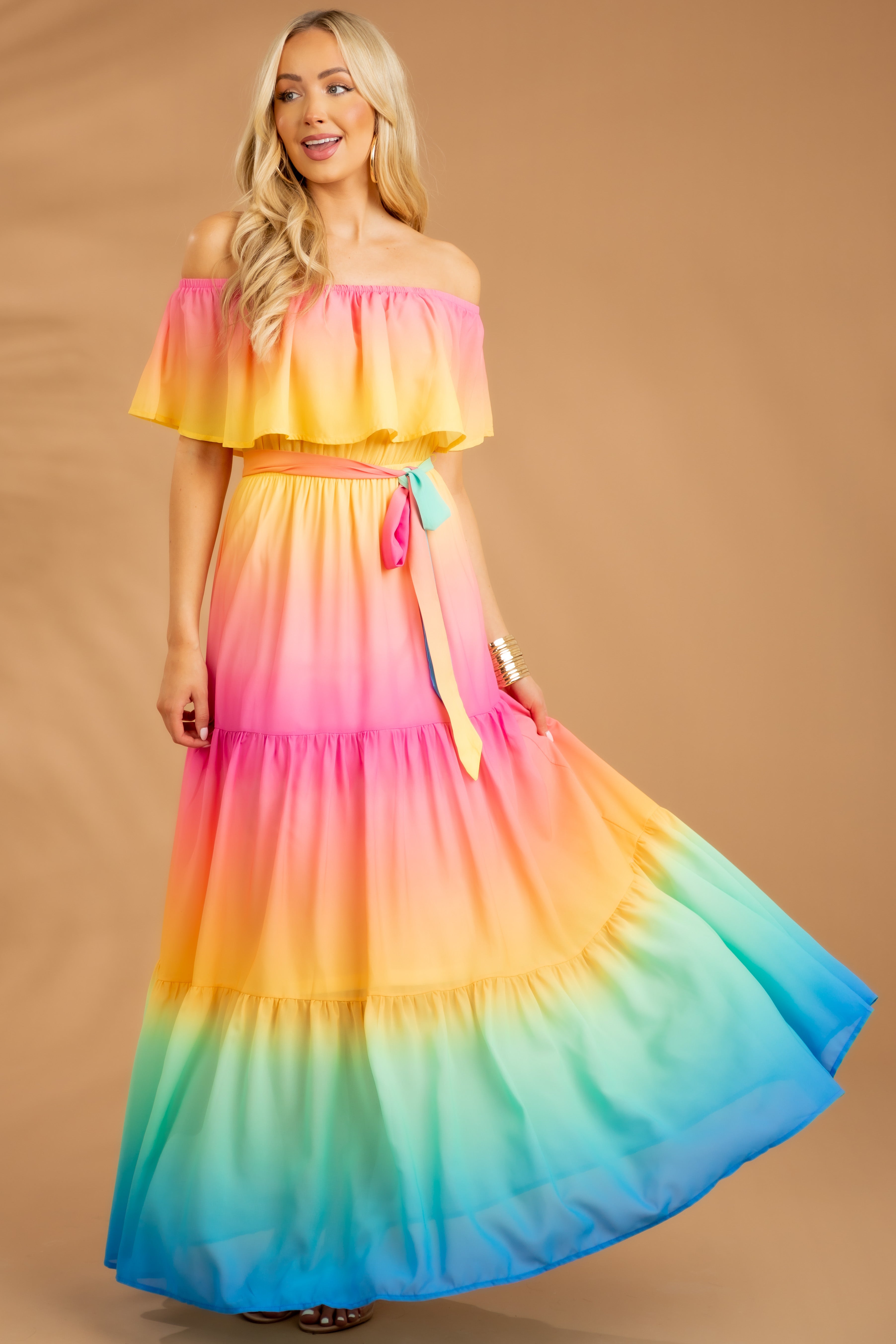 Flying Tomato Rainbow Ombre Off the Shoulder Maxi Dress-Newayad