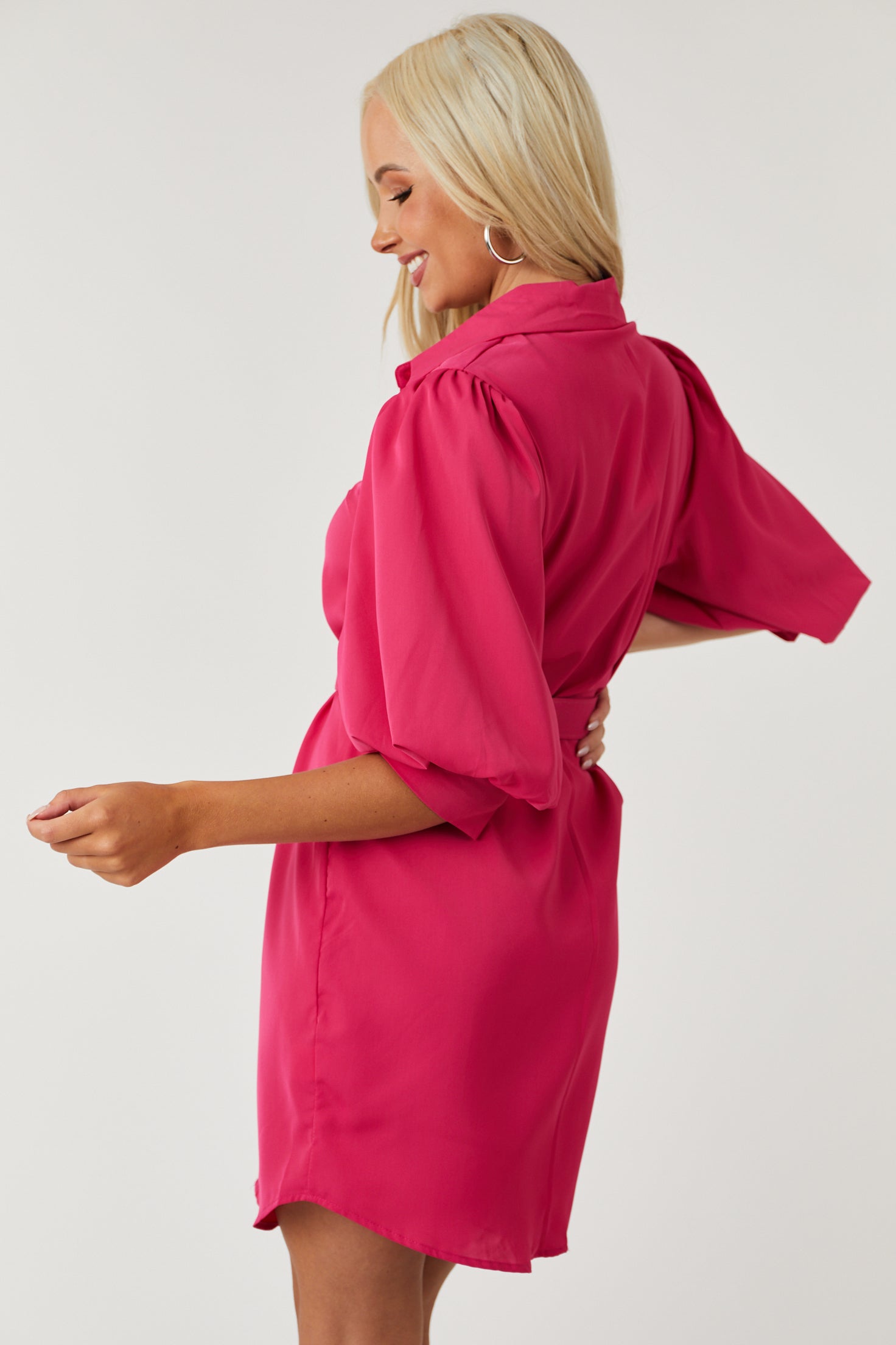 Raspberry Puff Sleeve Button Down Shirt Dress-Newayad